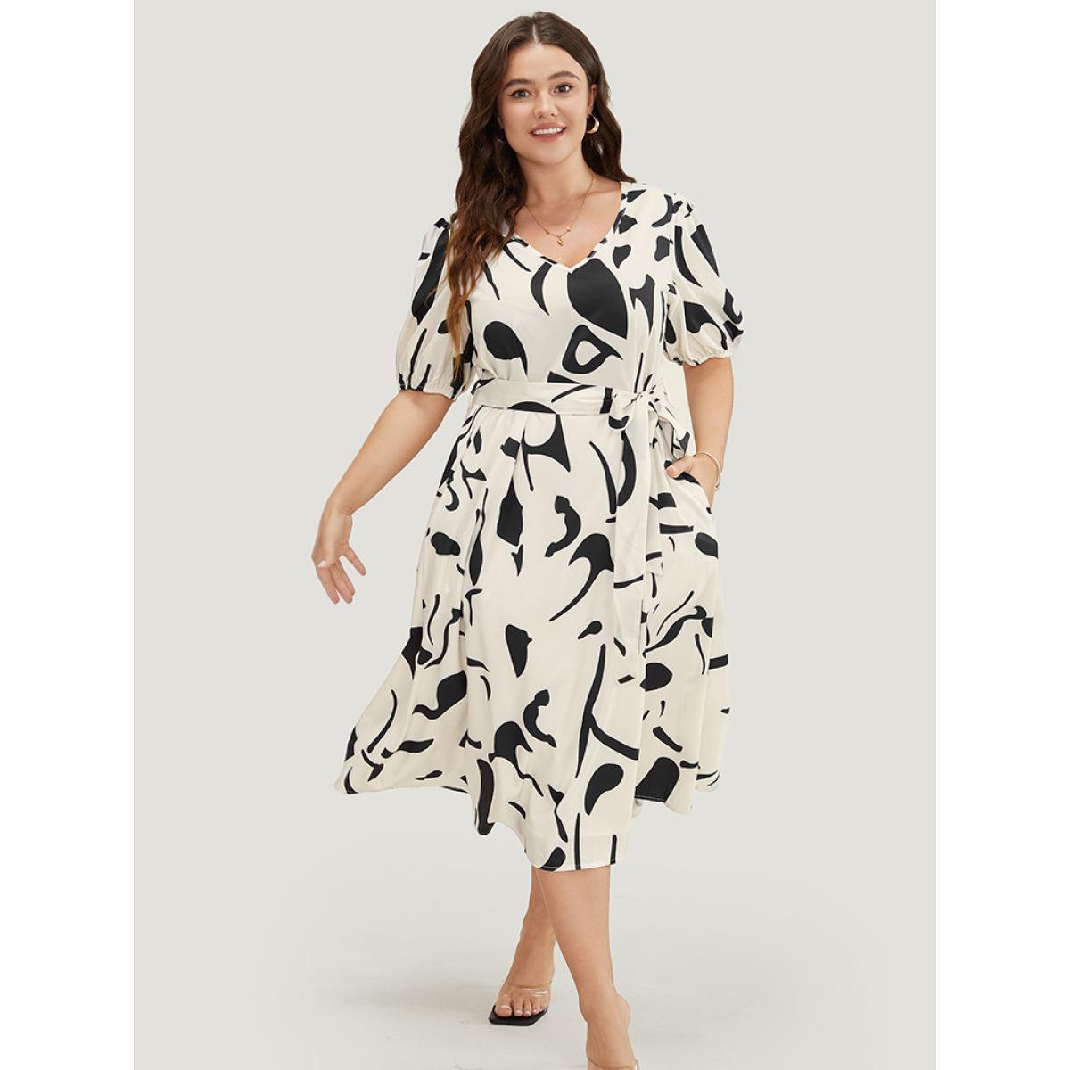 Plus Size Geometric Print Pocket Flutter Hem Belted Puff Sleeve Dress Multicolor Women Elegant Belted V-neck Short sleeve Curvy Midi Dress BloomChic 10/M Product Image