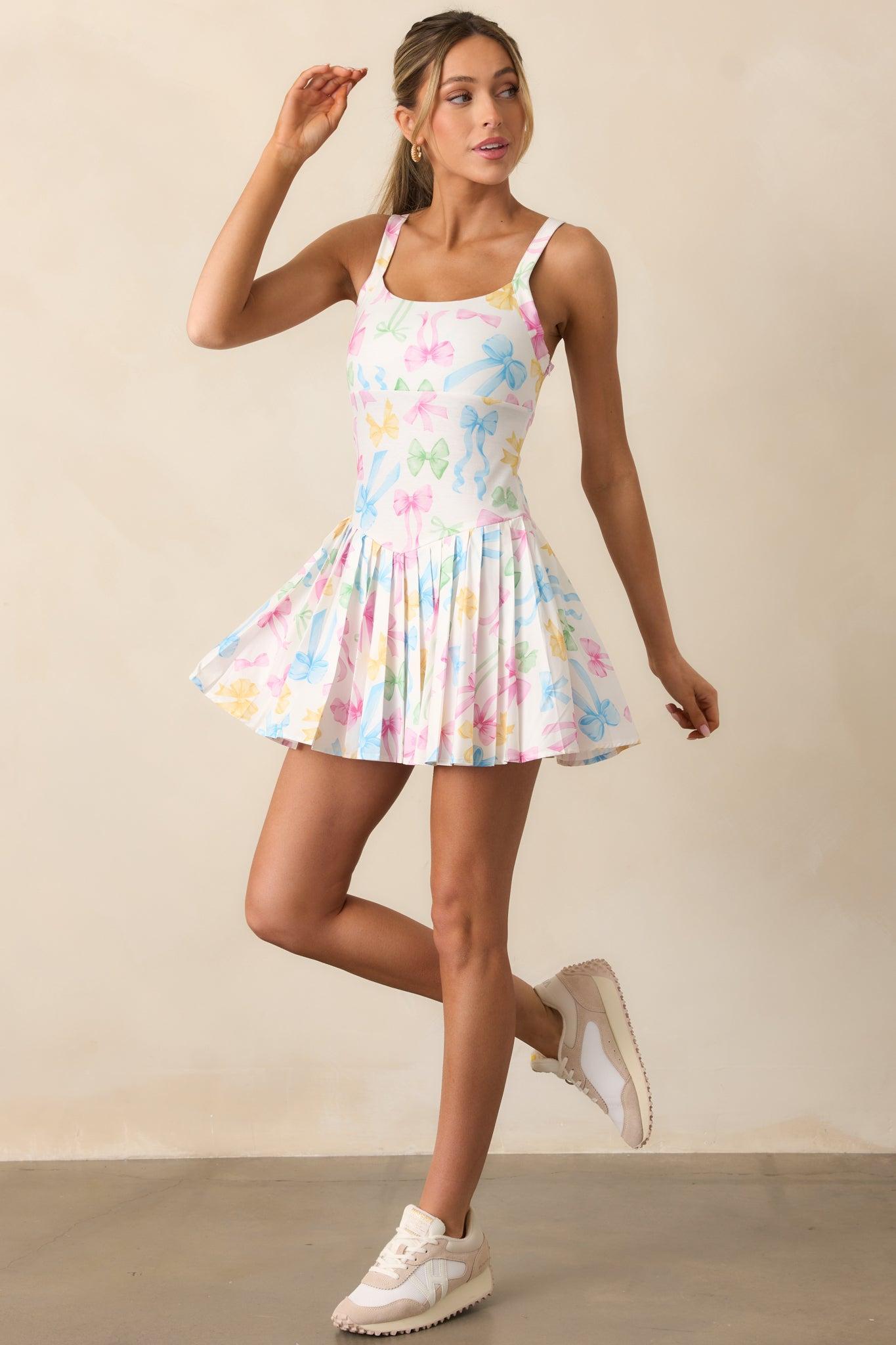 Ribbon Romance White Multi Bow Pleated Tennis Dress Product Image
