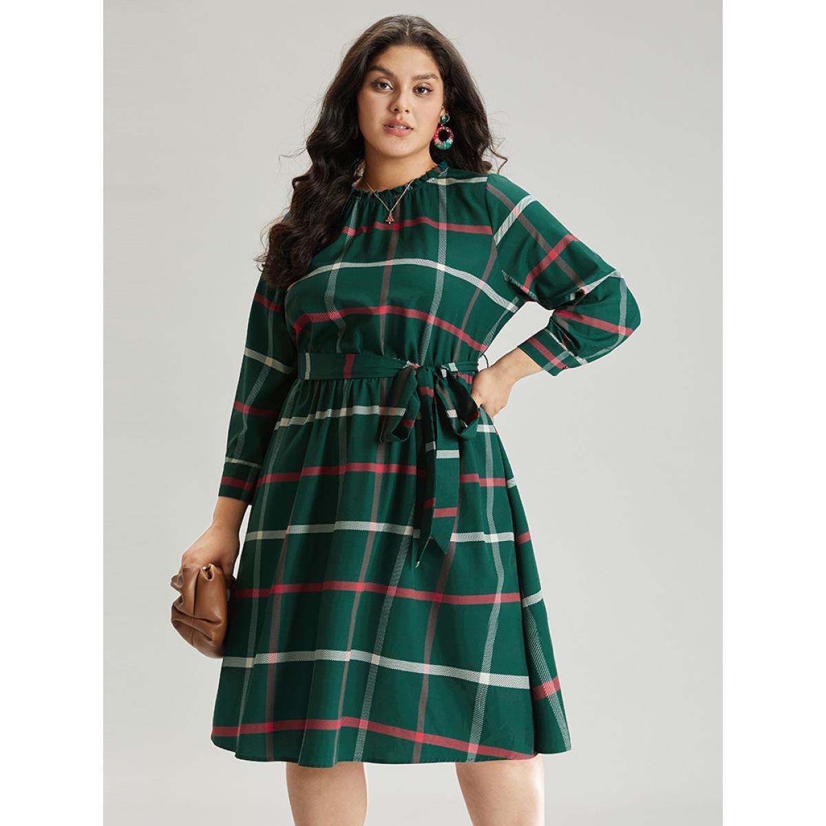 Plus Size Plaid Stand Collar Gathered Belted Dress Multicolor Women Office Printed Stand-up collar Elbow-length sleeve Curvy Midi Dress BloomChic 12/L Product Image
