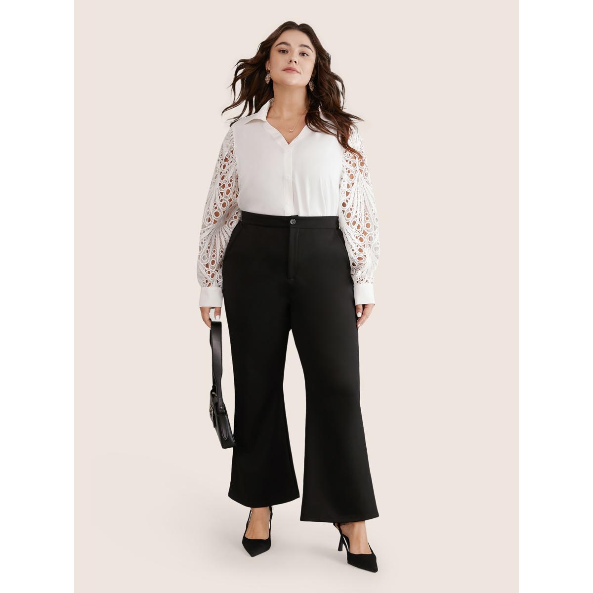 Plus Size White Static-Free Lace Panel Button Through Blouse Women Office Long Sleeve Shirt collar Party Blouses BloomChic 12/L Product Image
