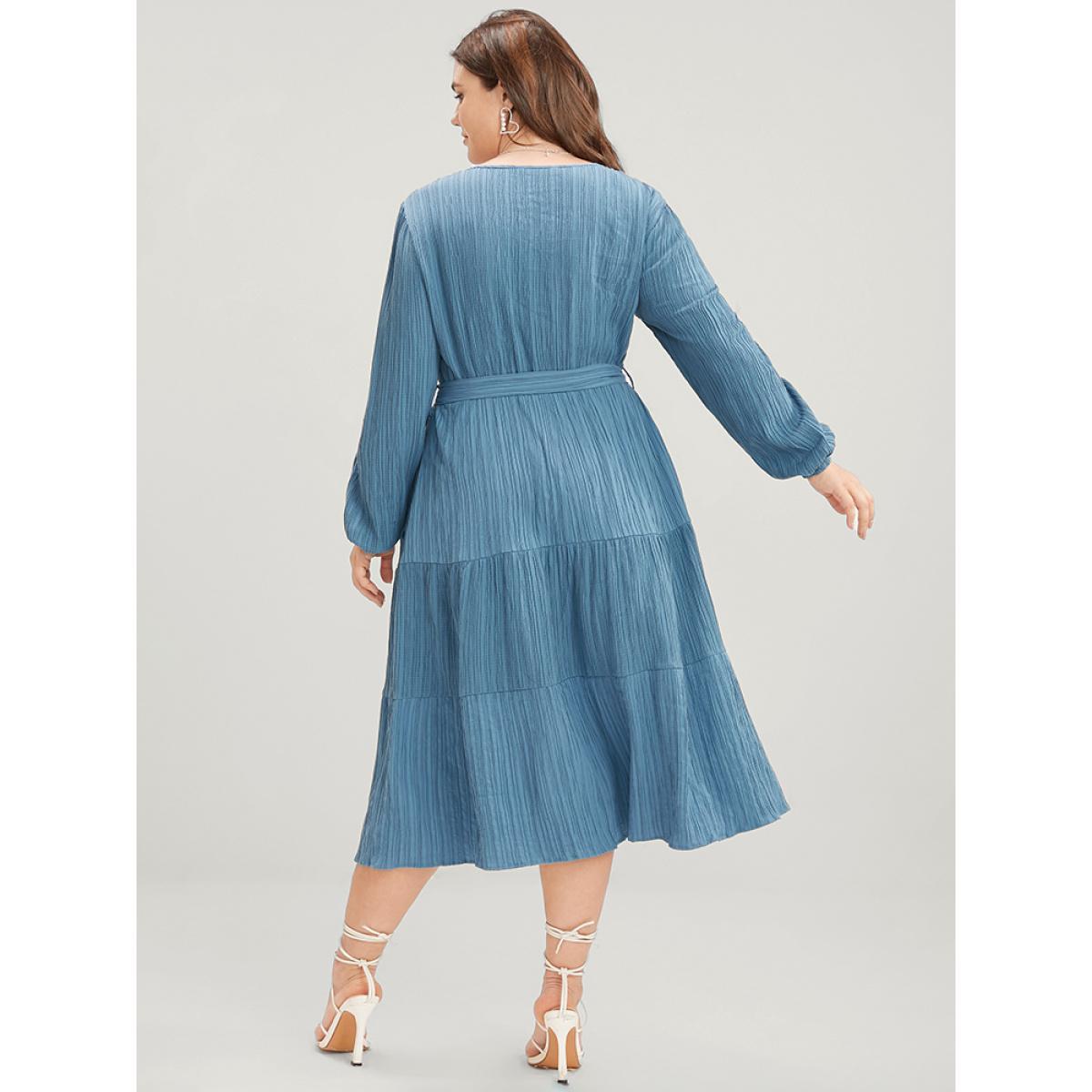 Plus Size Solid Textured V Neck Pocket Shirred Belted Flutter Dress Aegean Women Elegant Tiered V-neck Long Sleeve Curvy Midi Dress BloomChic 18-20/2X Product Image