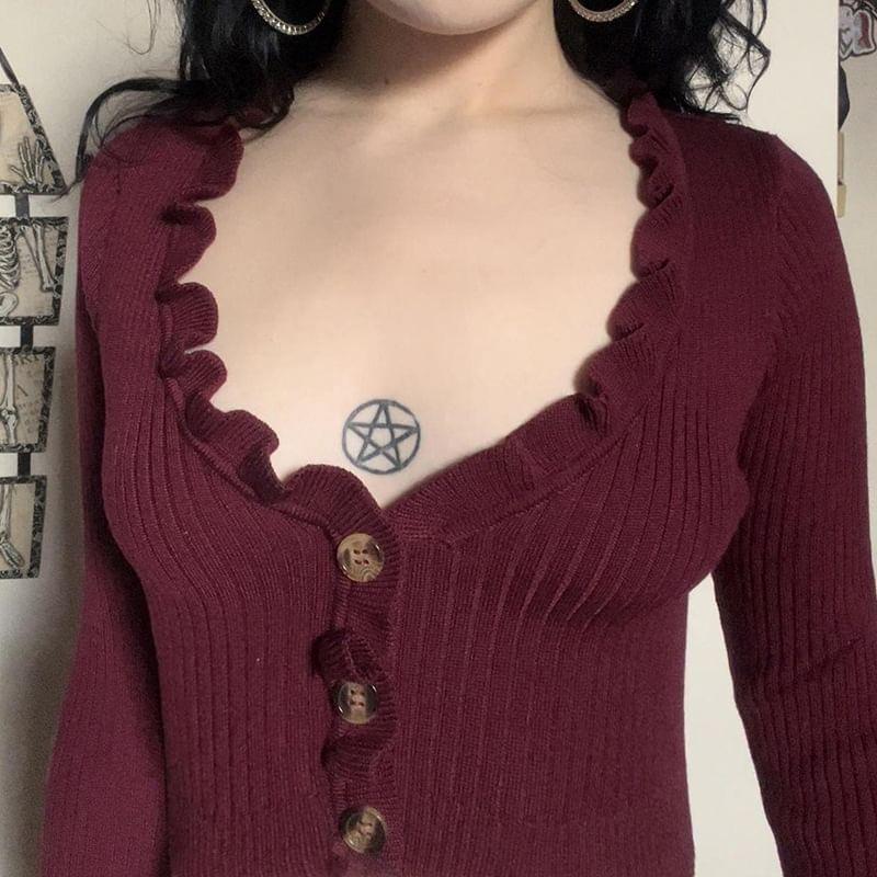 Scoop Neck Plain Ruffle Trim Button Up Cropped Cardigan Product Image