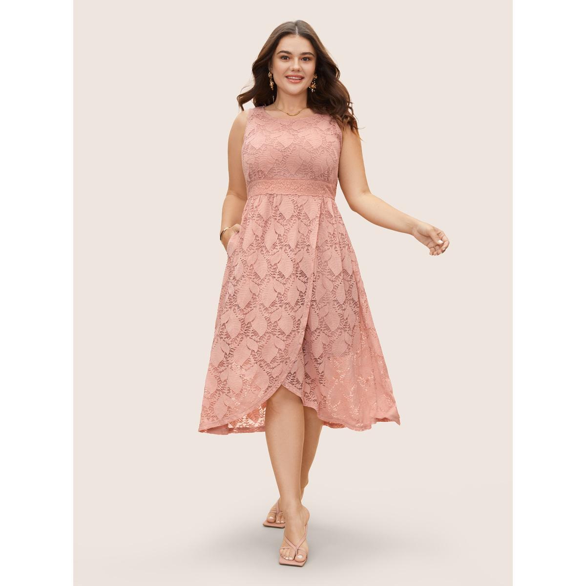 Plus Size Crochet Lace Wrap Hem Tank Midi Dress Blush Women Elegant Petal edge Round Neck Sleeveless Curvy BloomChic 14-16/1X Product Image