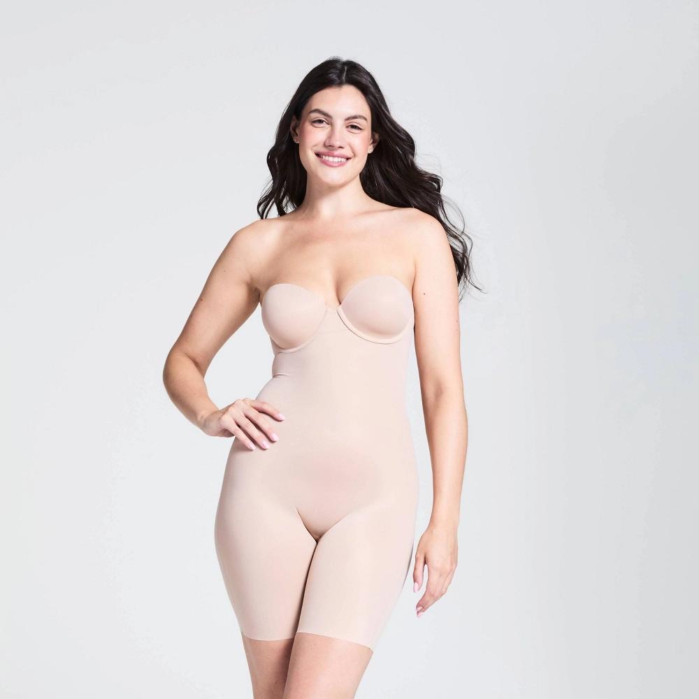 ASSETS by SPANX Women's Flawless Finish Strapless Cupped Midthigh Bodysuit - Beige XL: Medium Control Shapewear Product Image