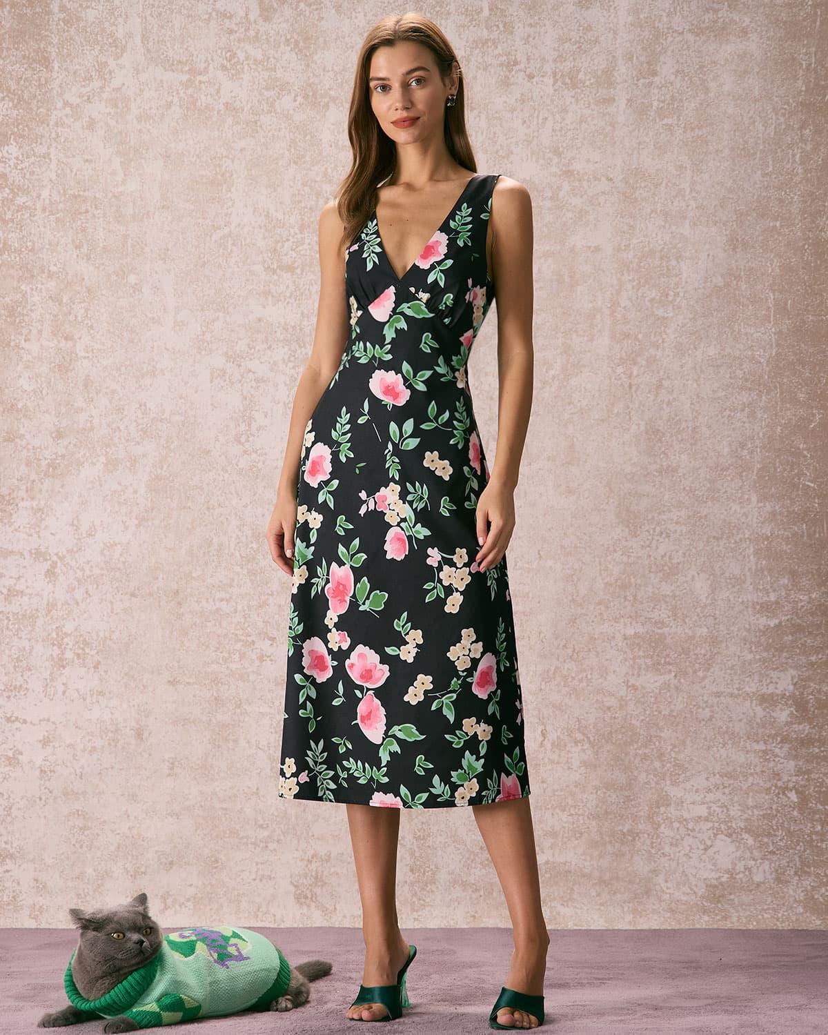 The Black V Neck Tie Back Floral Midi Dress Product Image