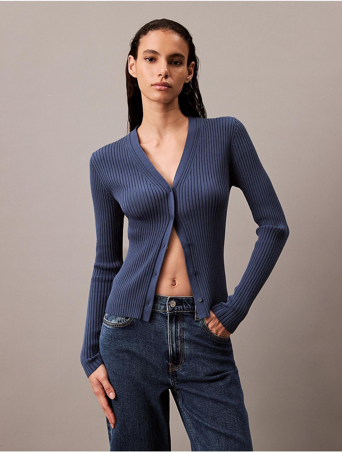Calvin Klein Women's Smooth Cotton Rib Sweater Cardigan - Grey - S Product Image