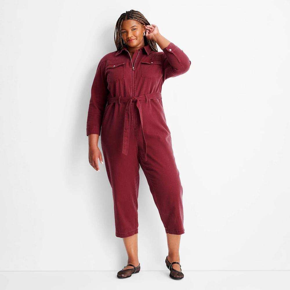 Women's Long Sleeve Zipper Jumpsuit - Future Collective Burgundy 1X: Cotton Blend, Recycled Material, Collared Neckline, Ankle Length Product Image