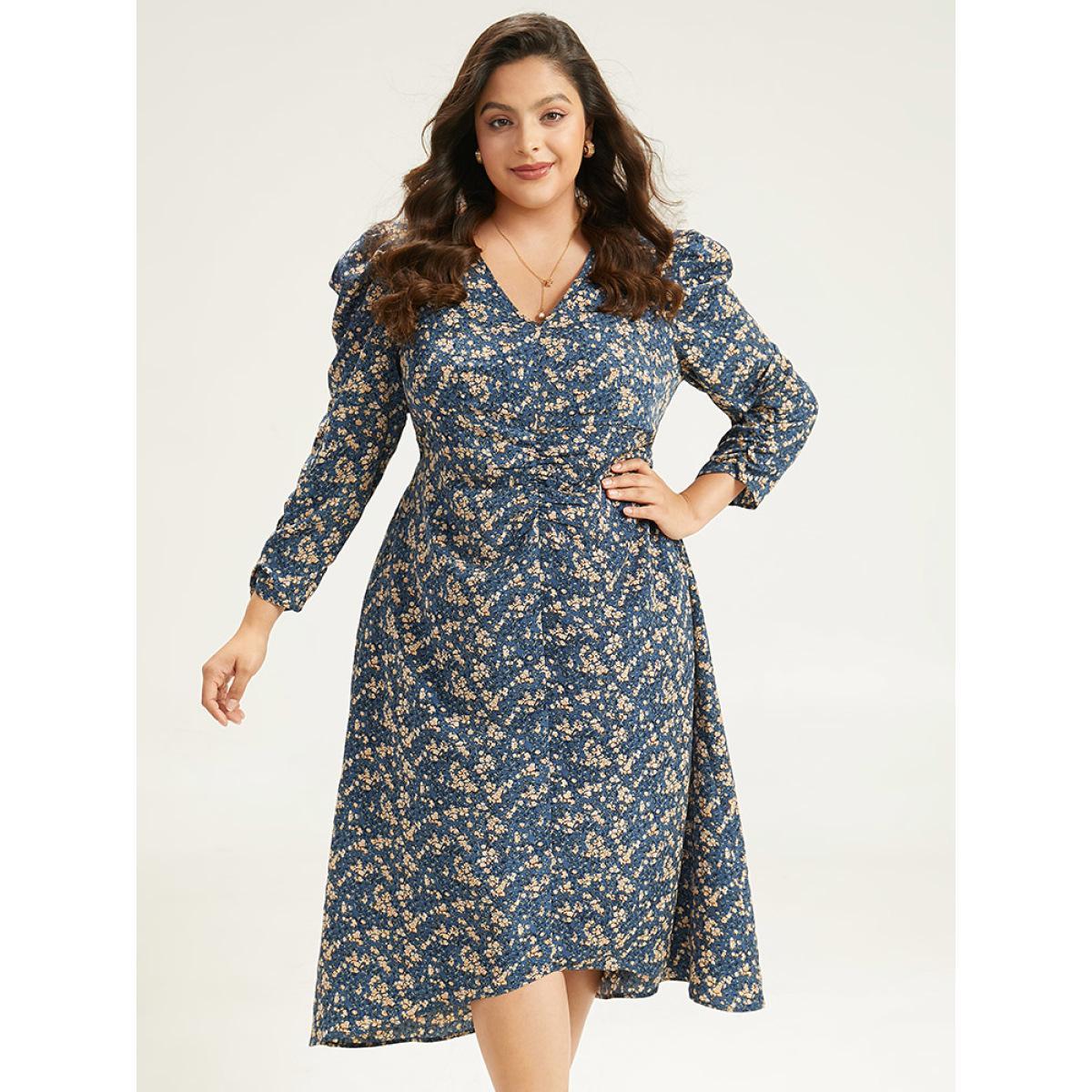 Plus Size Ditsy Floral Ruched Puff Sleeve Dress Aegean Women Elegant Printed V-neck Elbow-length sleeve Curvy Midi Dress BloomChic 18-20/2X Product Image