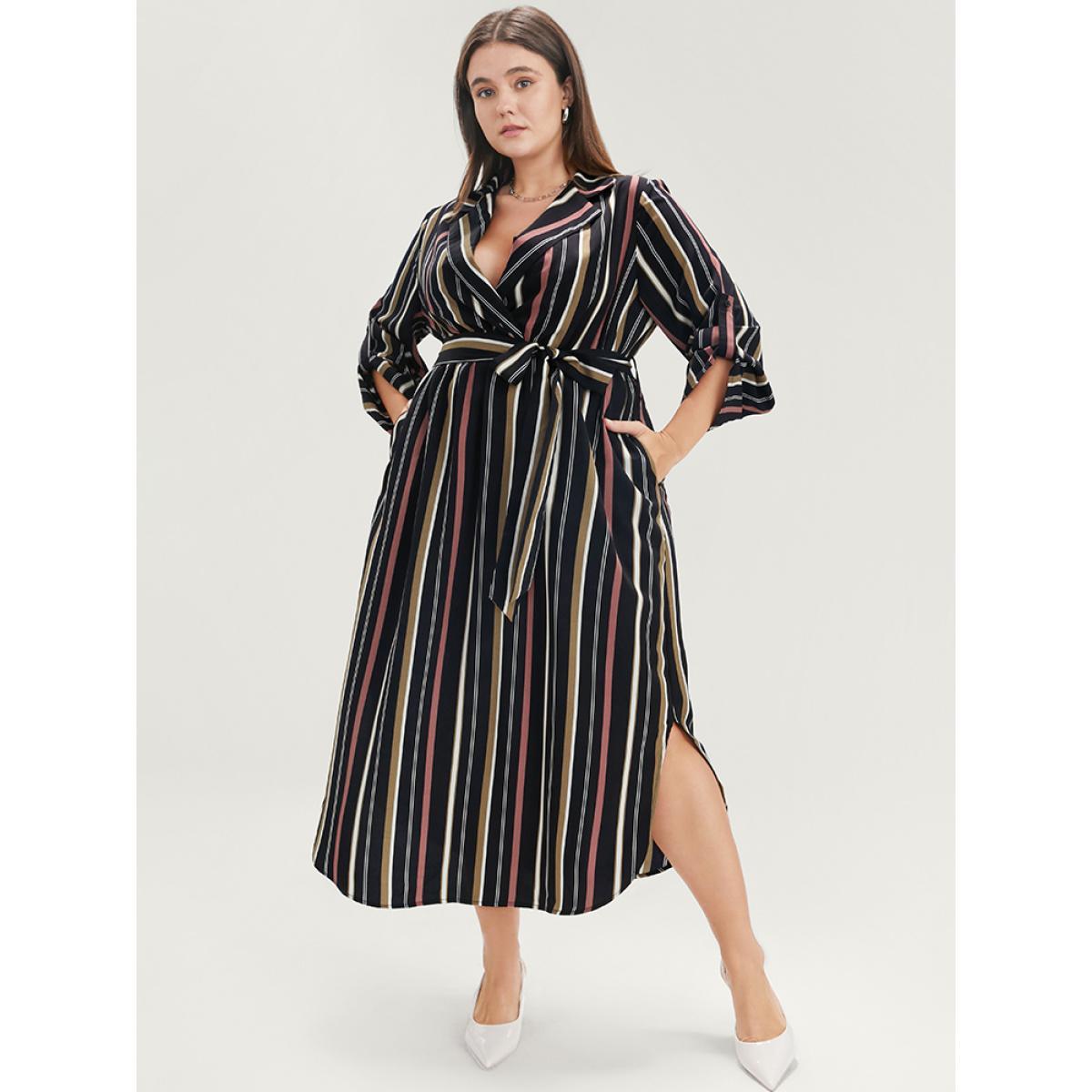 Plus Size Striped Lapel Collar Cuffed Sleeve Pocket Belted Arc Hem Dress DarkBlue Women Office Belted Lapel Collar Long Sleeve Curvy Midi Dress BloomChic 14-16/1X Product Image