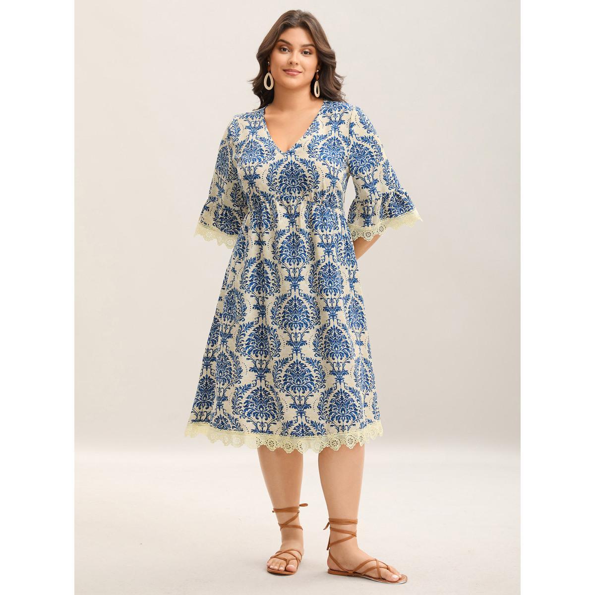 Plus Size Damask Print Lace Detail Midi Dress Mediumblue Women Woven ribbon&lace trim V-neck Elbow-length sleeve Curvy BloomChic 28/5X Product Image