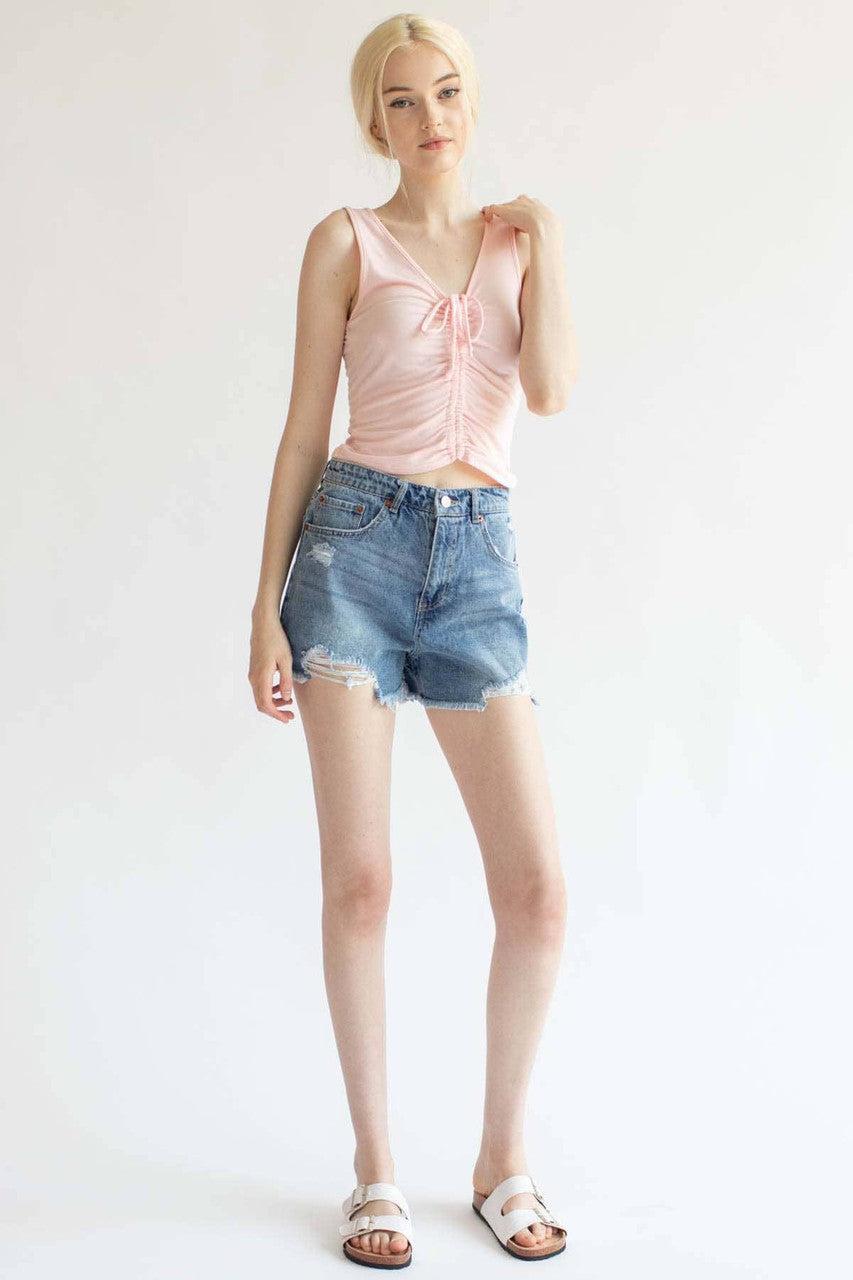 Pink Ruched Tie V Neck Tank Product Image