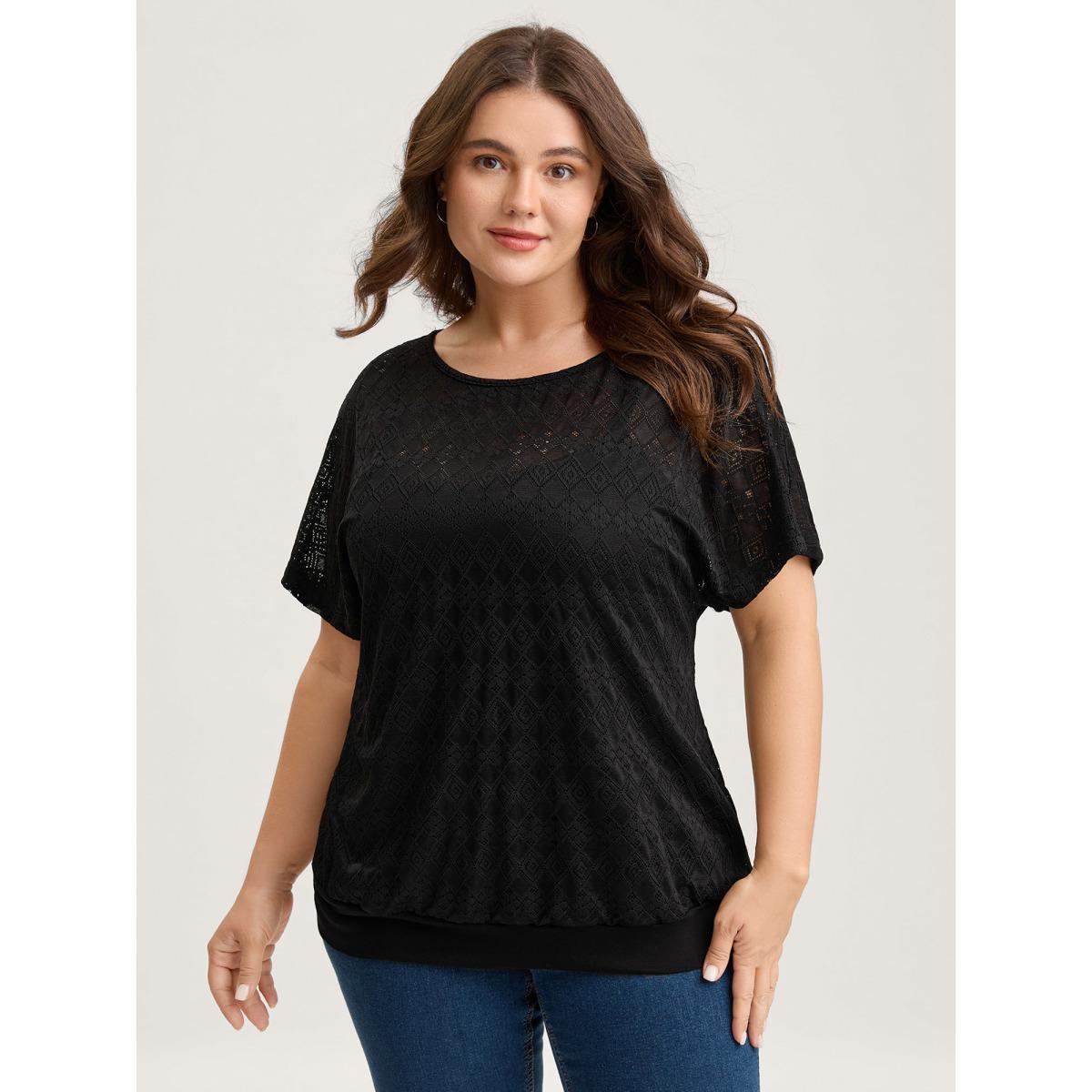 Plus Size Geometric Lace Back Cut-Out T-Shirt Black Women Round Neck Everyday-Elegant T-shirts BloomChic 12/L Product Image