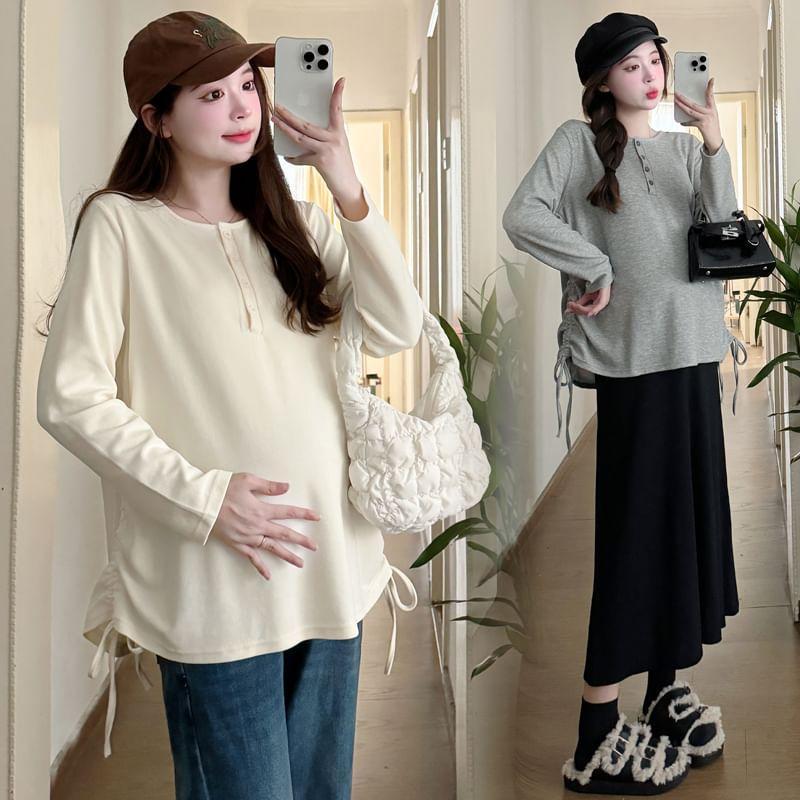 Maternity Long-Sleeve Henley Plain Drawstring Tee Product Image