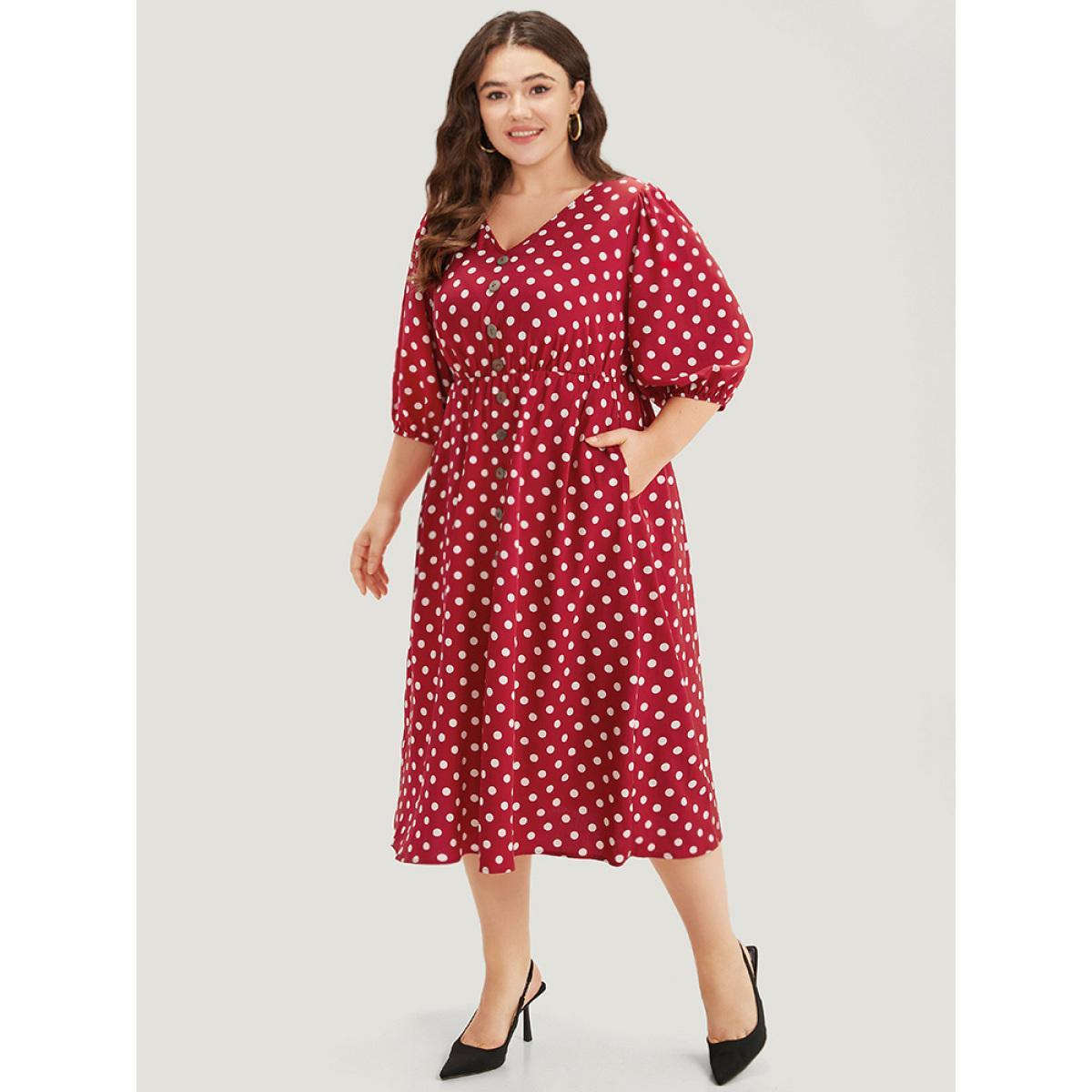 Plus Size Polka Dot Pocket Button Detail Lantern Sleeve Dress Scarlet Women Elegant Printed V-neck Half Sleeve Curvy Midi Dress BloomChic 12/L Product Image