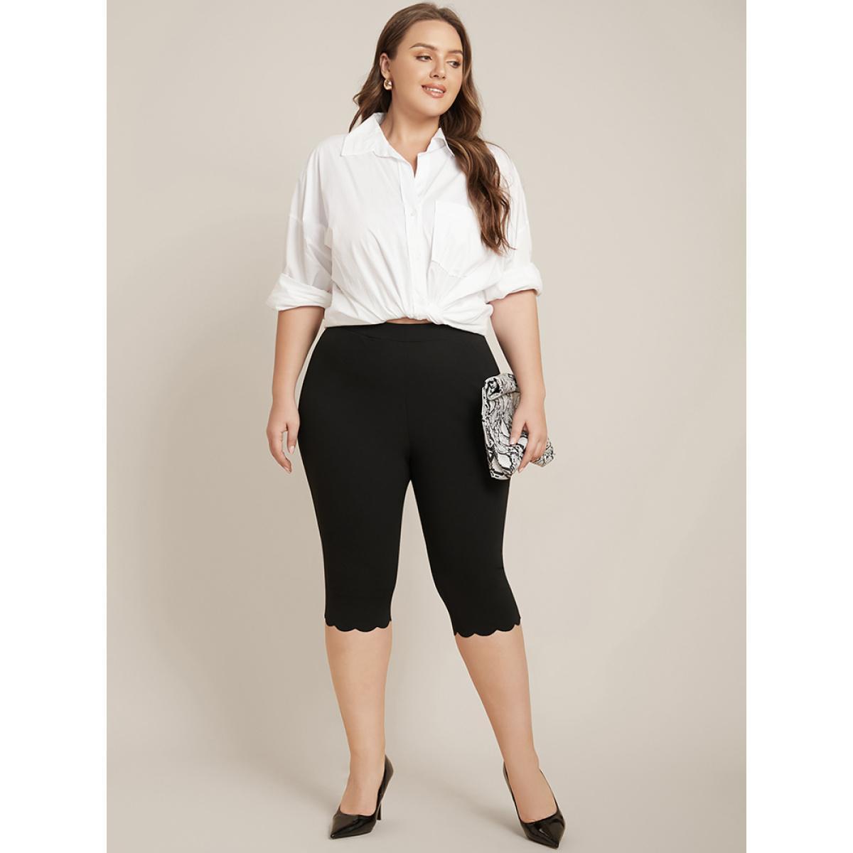 Plus Size Solid Scalloped Trim Elastic Waist Skinny Leggings Women Black Elegant Low stretch Skinny High Rise Everyday Leggings BloomChic 14-16/1X Product Image