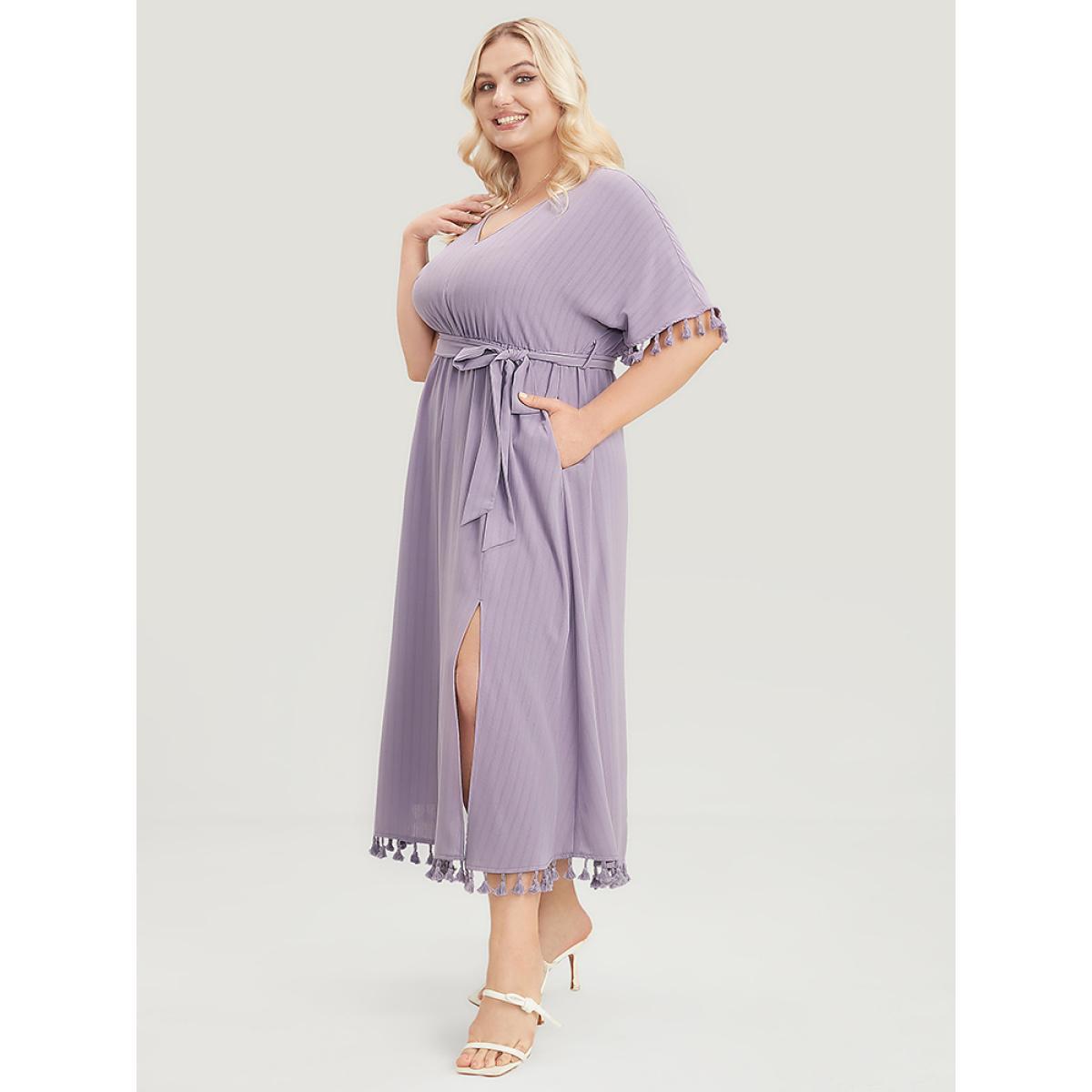Plus Size Plain Striped Dolman Sleeve Split Belted Tassels Trim Dress Mauve Women Elegant Elastic Waist V-neck Half Sleeve Curvy Midi Dress BloomChic 18-20/2X Product Image