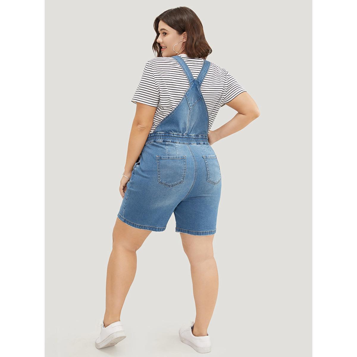 Plus Size Drawstring Button Up Dark Wash Denim Overalls Blue Women Plain Low stretch Dailywear Pocket Casual Denim Jumpsuits BloomChic 26/4X Product Image