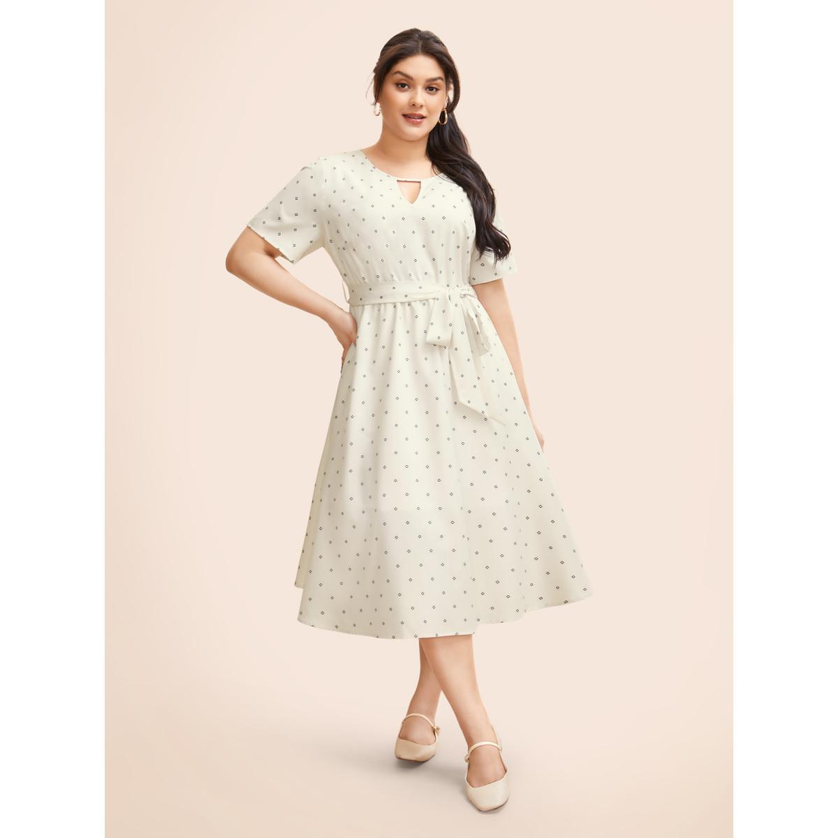 Plus Size Geometric Keyhole Belted Midi Dress Beige Women Workwear Essentials Belted Round Neck Short sleeve Curvy BloomChic 14-16/1X Product Image