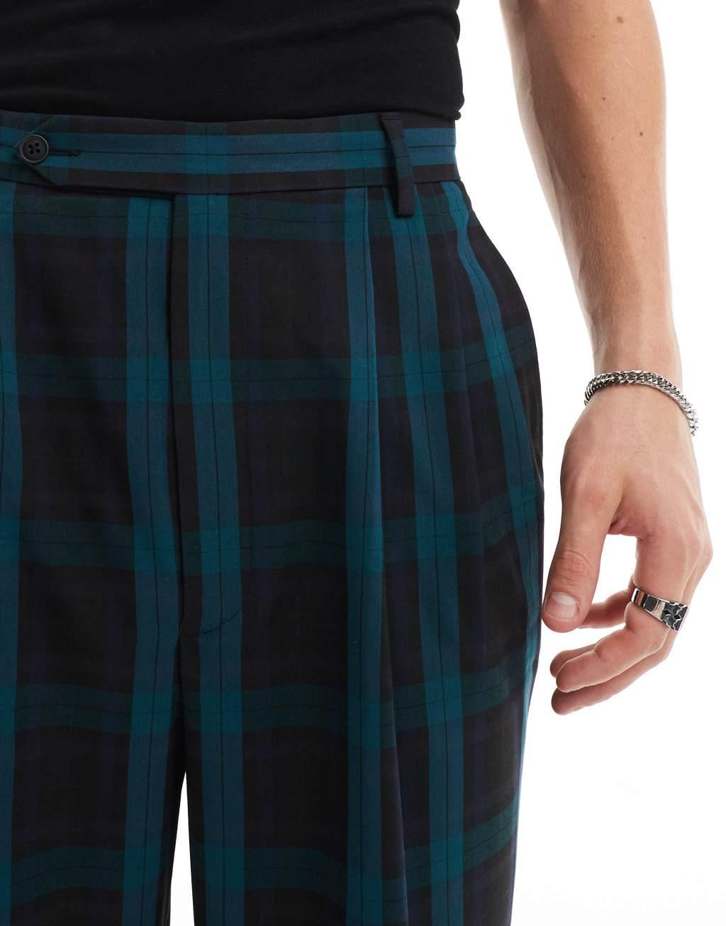 ASOS DESIGN high waist wide leg pants in dark green plaid print Product Image