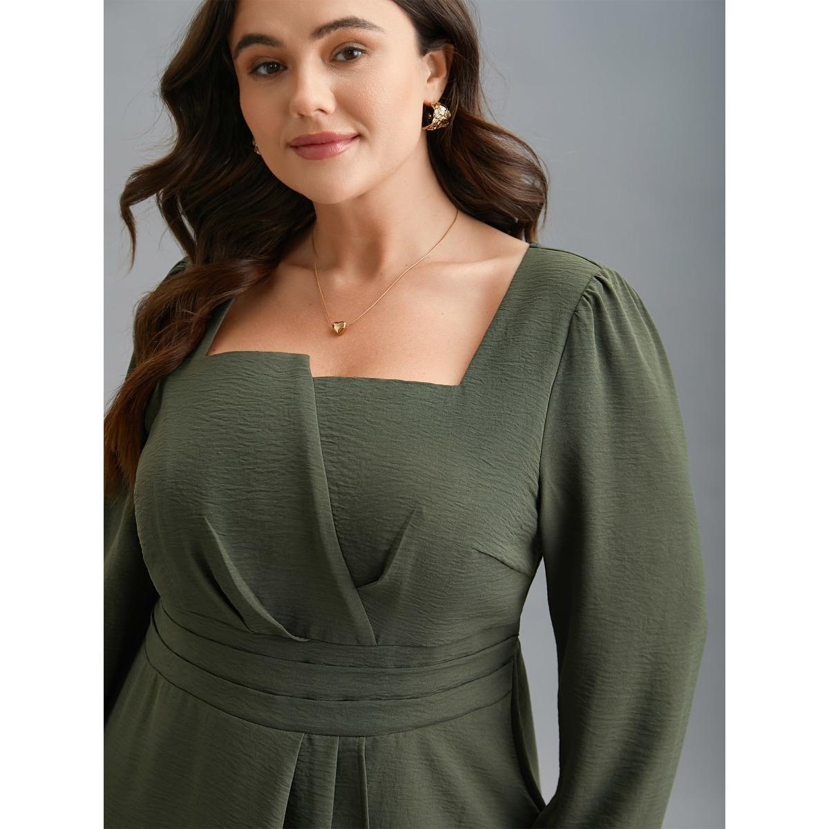 Plus Size ArmyGreen Asymmetrical Neckline Stretchy Waist Plicated Detail Blouse Women Elegant Extra Long Sleeve Asymmetrical Neck Everyday Blouses BloomChic 14-16/1X Product Image