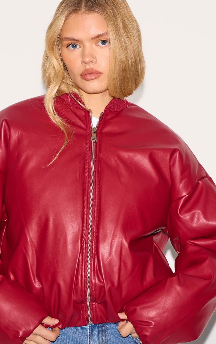 Cherry Red Faux Leather Oversized Bomber Jacket Product Image