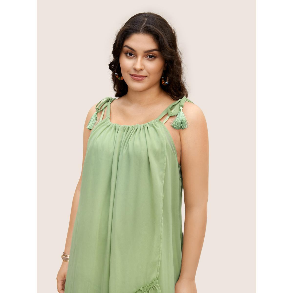 Plus Size Solid Ruffles Tie Knot Tassel Trim Mesh Dress Palemauve Women Resort Tie knot Non Sleeveless Curvy BloomChic 28/5X Product Image