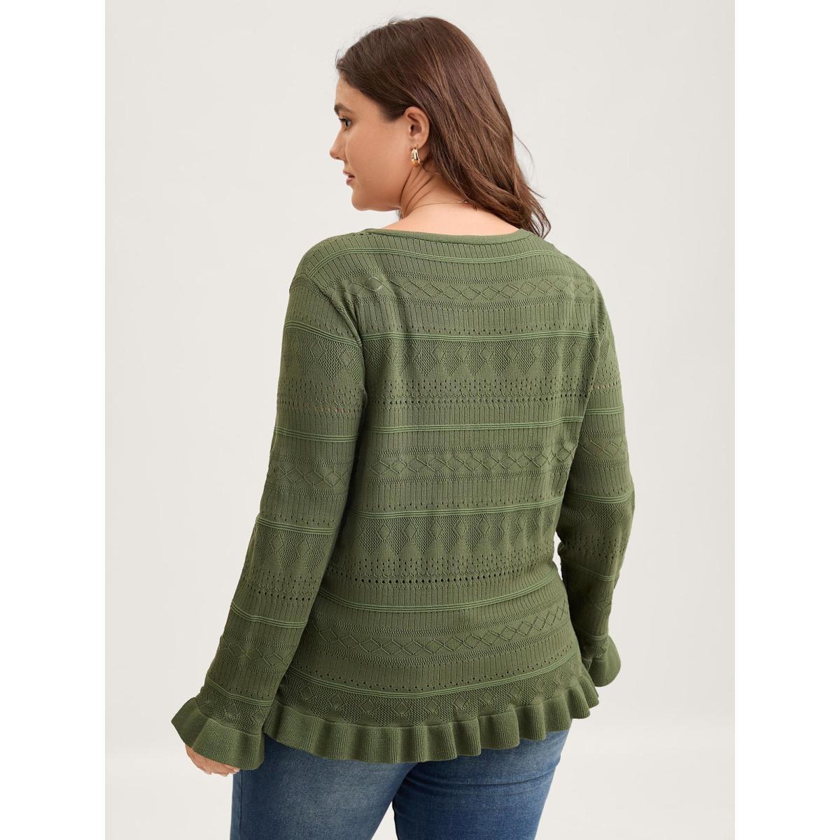 Plus Size Ruffled Hem Front Tie Textured Lightweight Cardigan ArmyGreen Women Loose Long Sleeve Everyday-Elegant Cardigans BloomChic 10/M Product Image