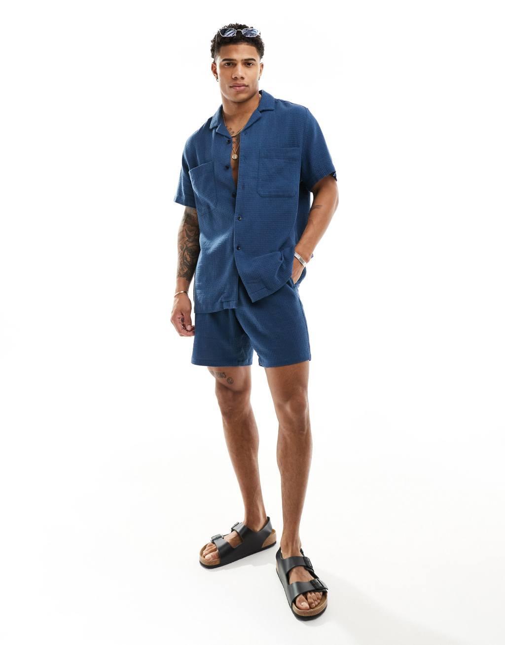 ASOS DESIGN short sleeve relaxed revere collar textured shirt in navy - part of a set Product Image