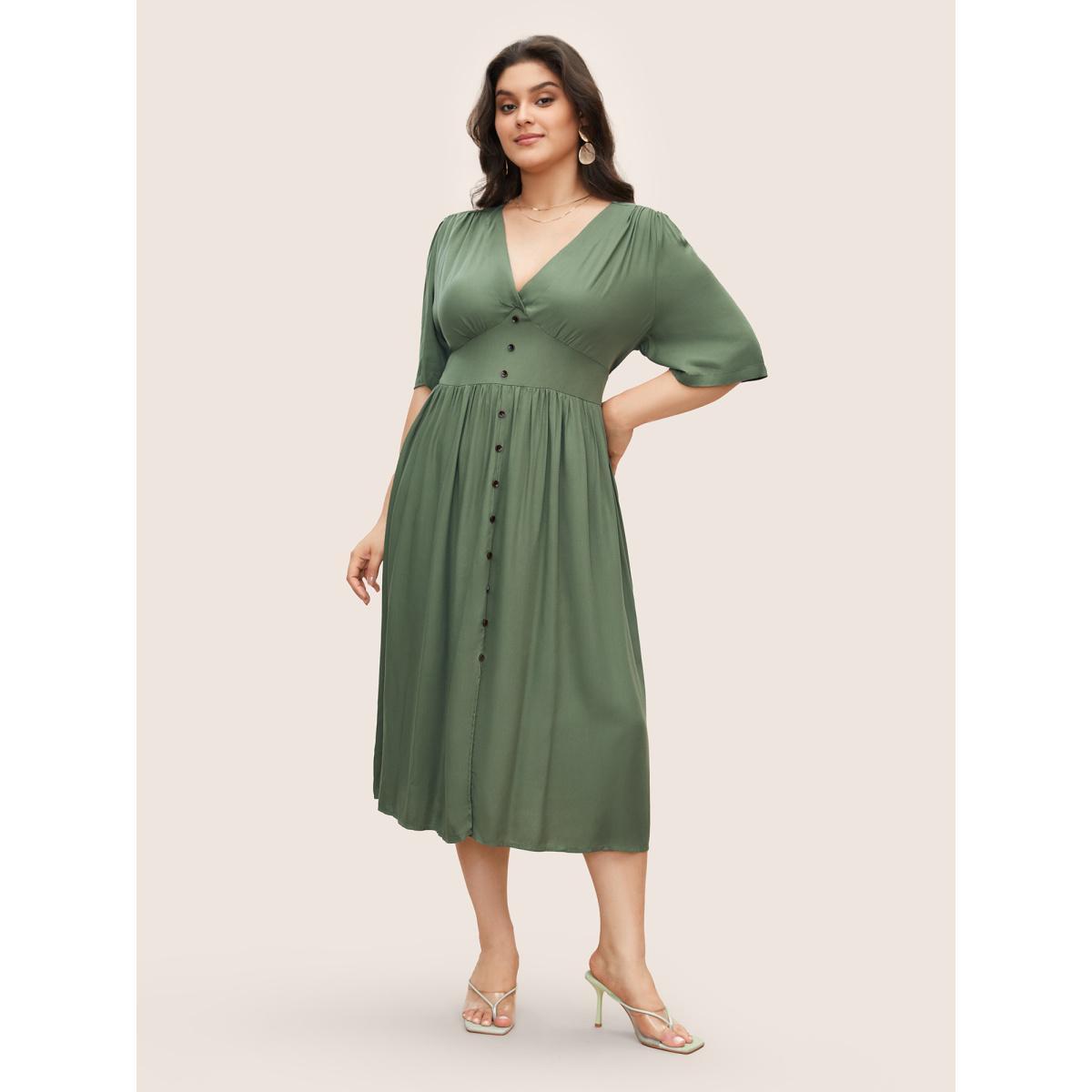 Plus Size Plunging Neck Button Detail Pocket Maxi Dress ArmyGreen Women Resort Gathered V-neck Short sleeve Curvy Long Dress BloomChic 16/1X Product Image