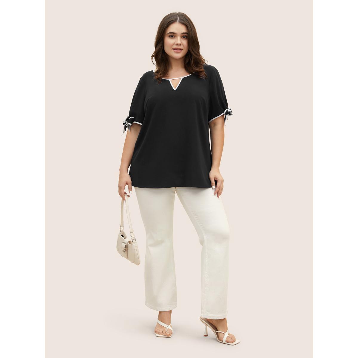 Plus Size Black Contrast Trim Keyhole Tie Knot Blouse Women Work From Home Short sleeve Notched collar Work Blouses BloomChic 22-24/3X Product Image