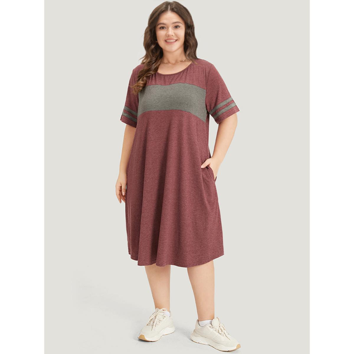 Plus Size Striped Patchwork Pocket Crew Neck Dress Scarlet Women Casual Patchwork Round Neck Short sleeve Curvy Midi Dress BloomChic 10/M Product Image