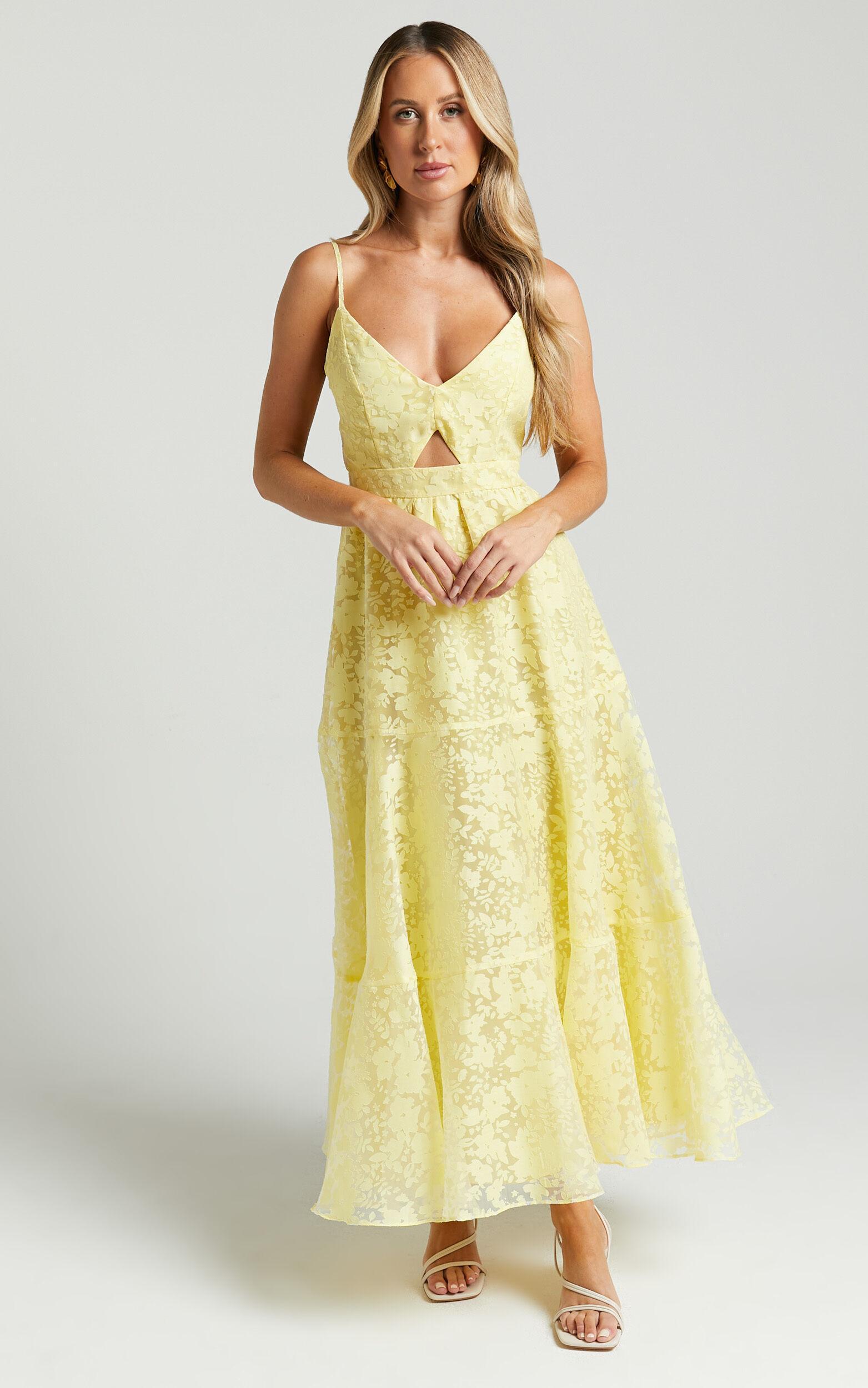Jorie Midi Dress - Strappy Front Cut Out Tiered Skirt in Pastel Yellow Product Image