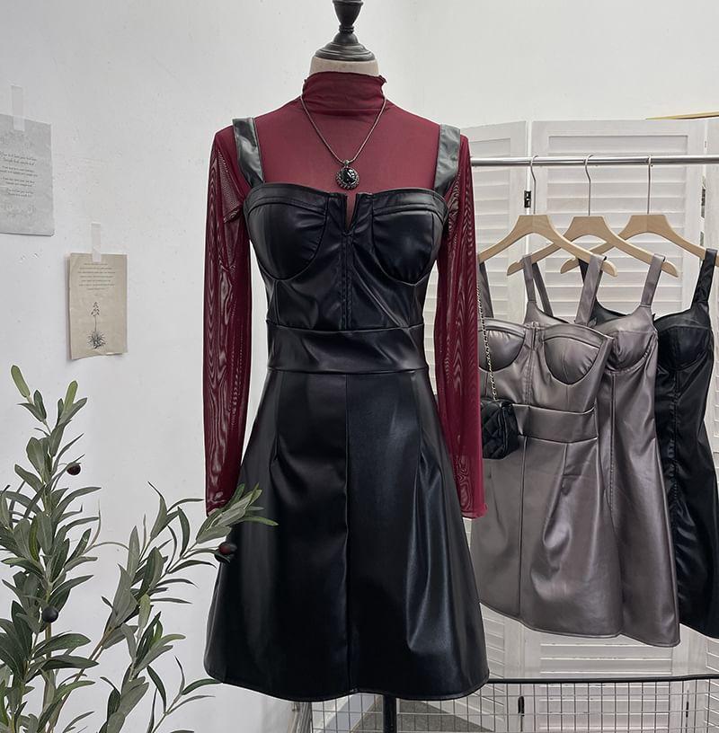 Faux Leather Plain Mini A-Line Dungaree Dress Product Image