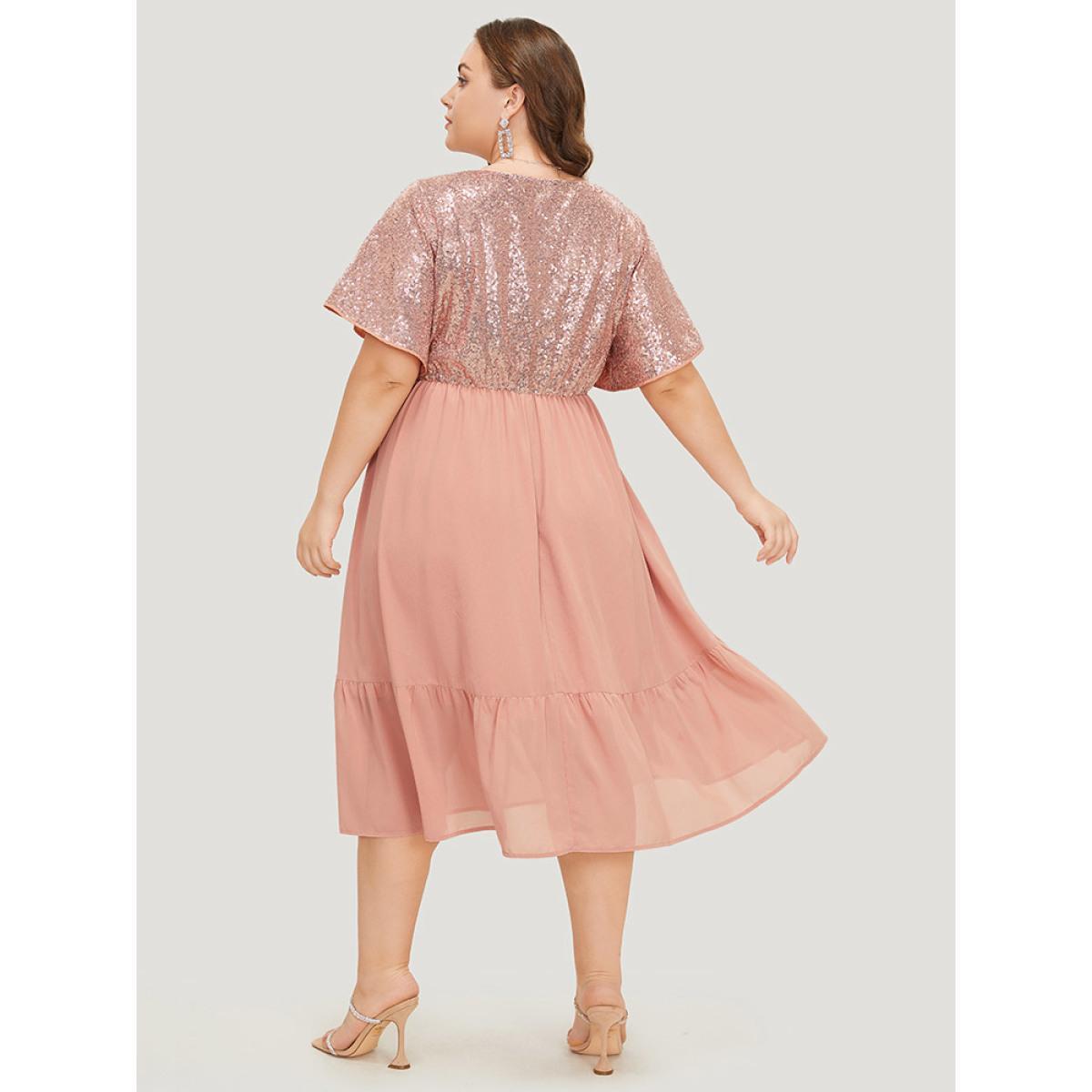 Plus Size Sequin Patchwork Belted Flutter Hem Midi Dress Crepe Women Party Lined V-neck Short sleeve Curvy Midi Dress BloomChic 22-24/3X Product Image