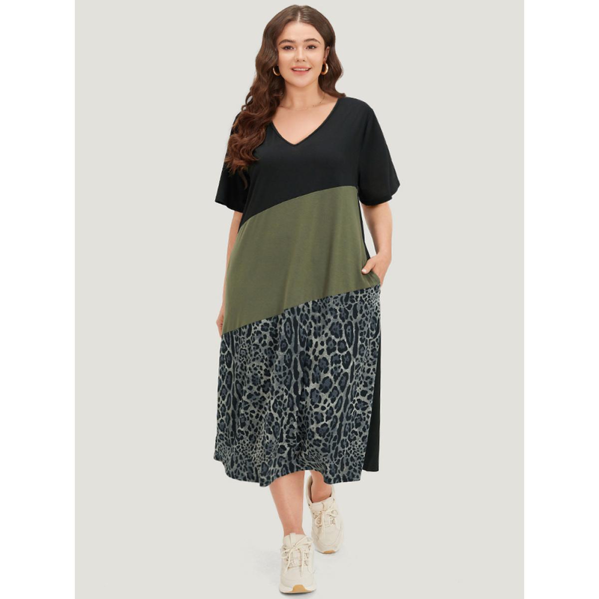 Plus Size Supersoft Essentials Leopard Patchwork Contrast Pocket Split Hem Dress Black Women Casual Patchwork V-neck Short sleeve Curvy Midi Dress BloomChic 30/6X Product Image