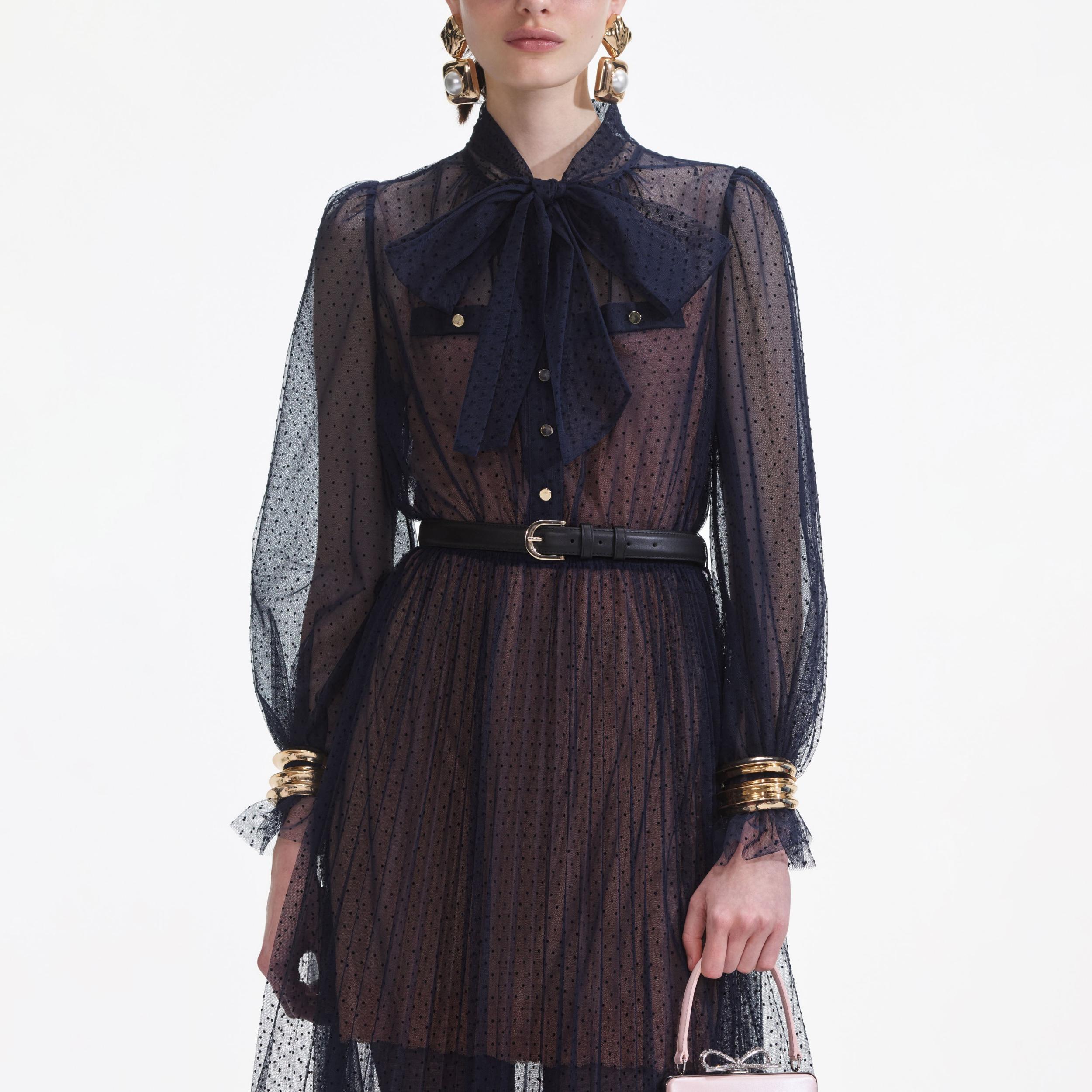 Navy Dot Mesh Midi Dress Product Image