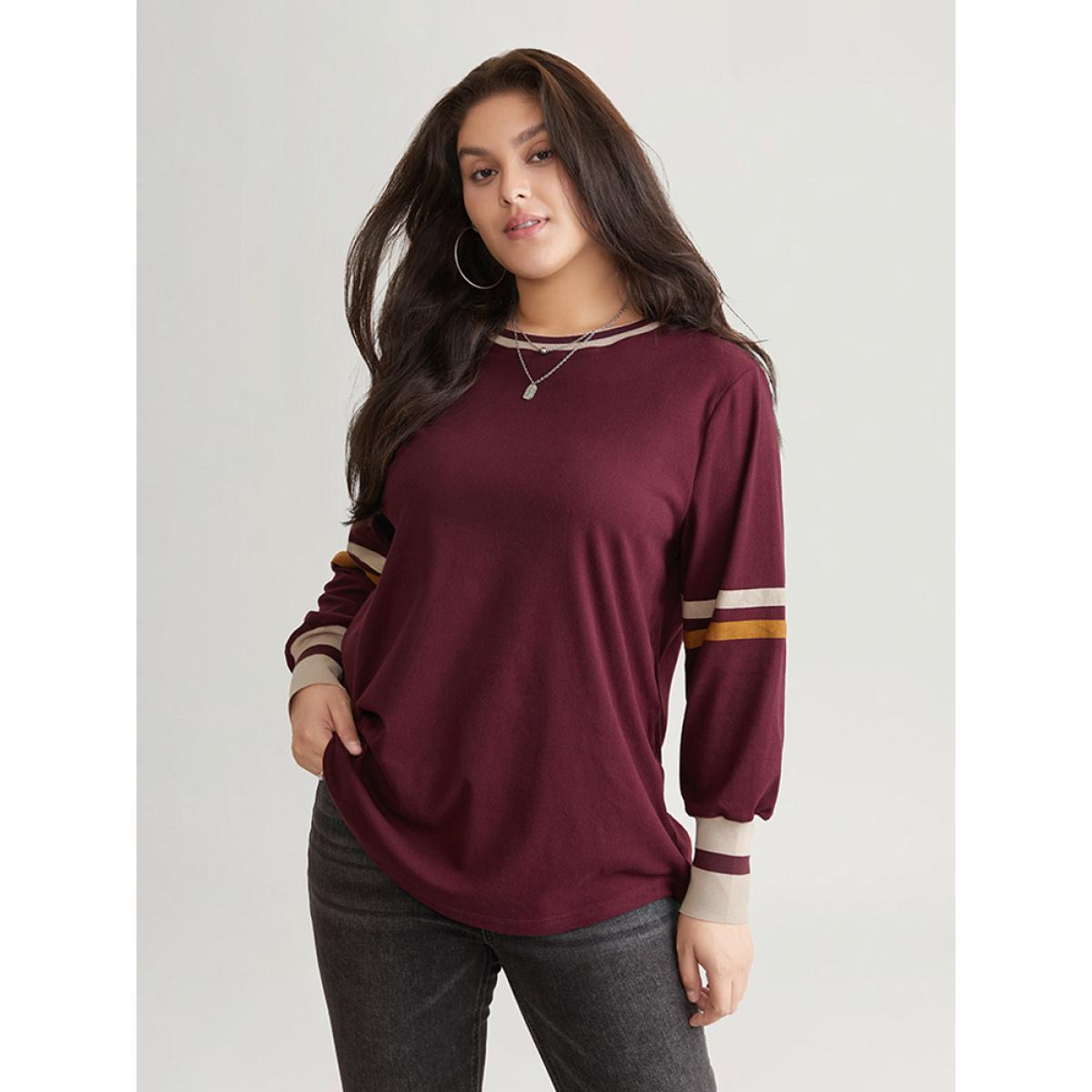 Plus Size Striped Contrast Round Neck Rib Knit Sweatshirt Women Burgundy Casual Contrast Round Neck Everyday Sweatshirts BloomChic 10/M Product Image