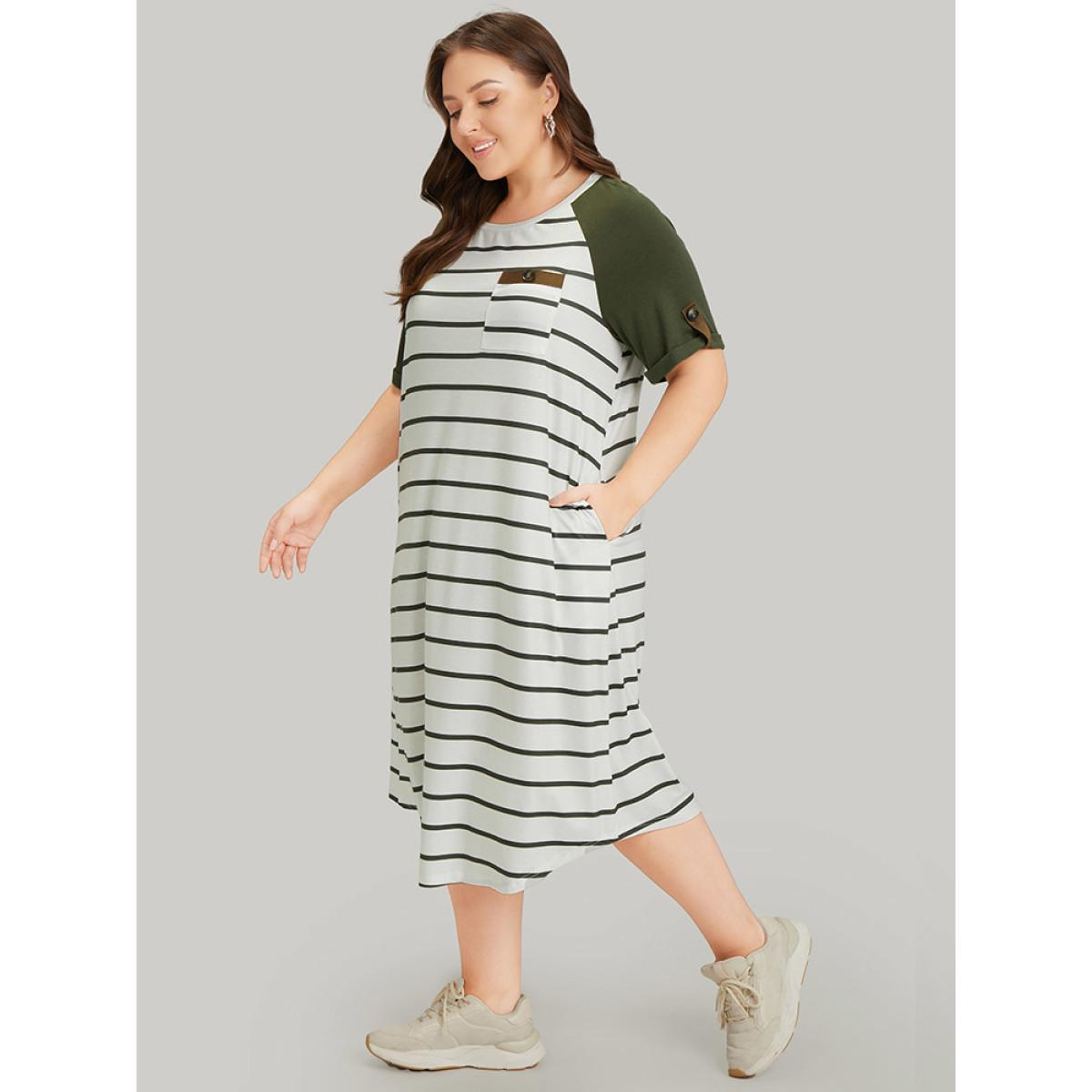 Plus Size Striped Patched Pocket Roll Raglan Sleeve Tee Dress ArmyGreen Women Casual Arc Hem Round Neck Half Sleeve Curvy Midi Dress BloomChic 10/M Product Image