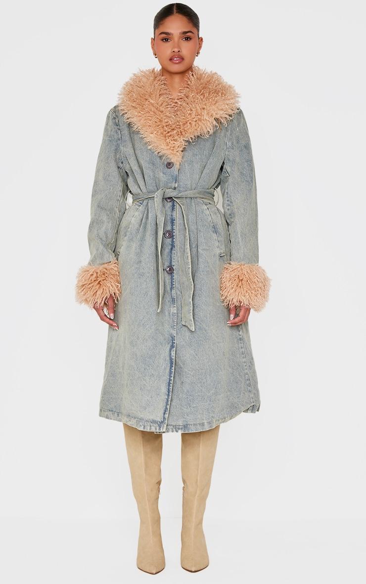 Vintage Faux Fur Trim Belted Trench Coat Product Image