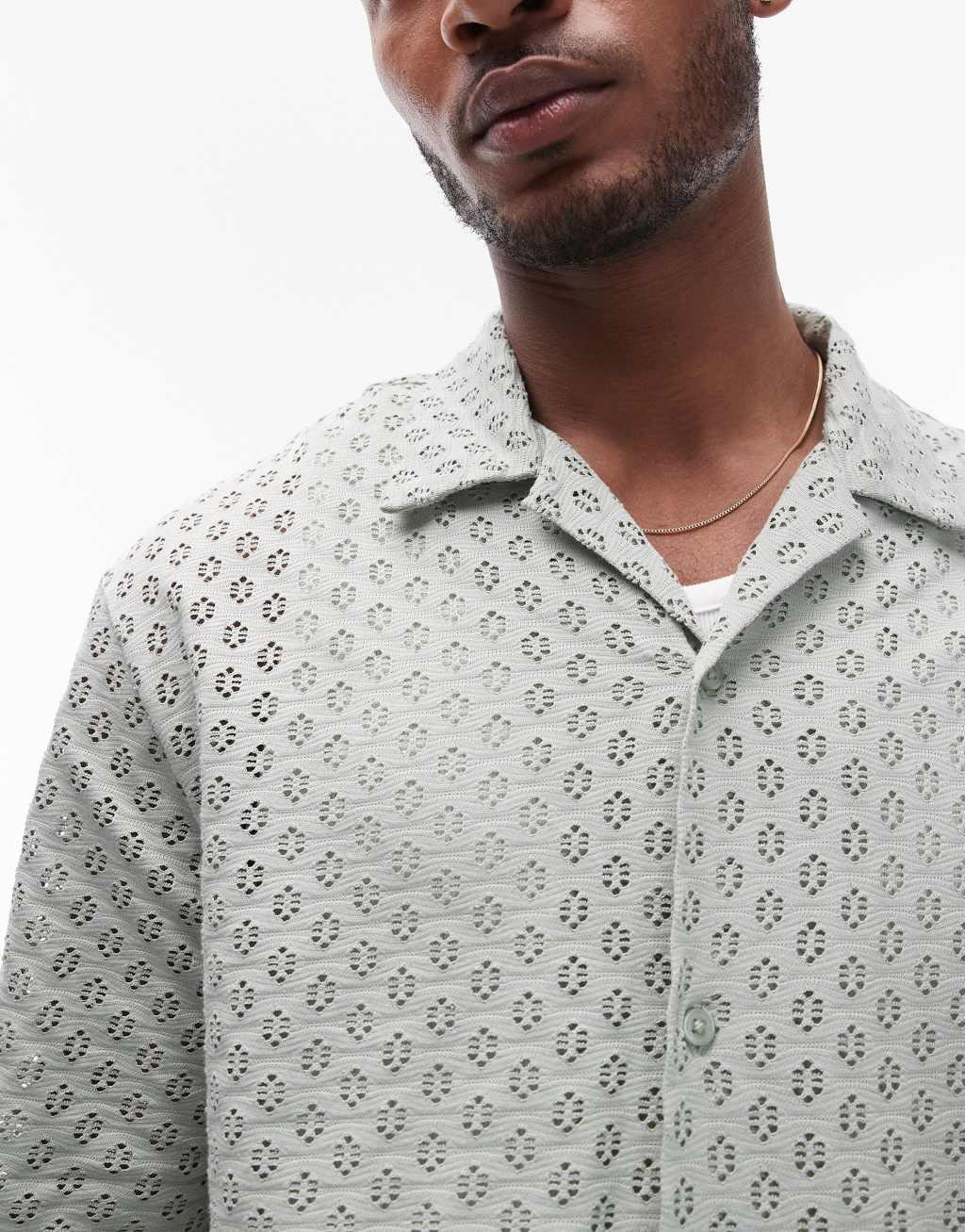 Topman oversized fit button up jersey crochet polo in sage Product Image