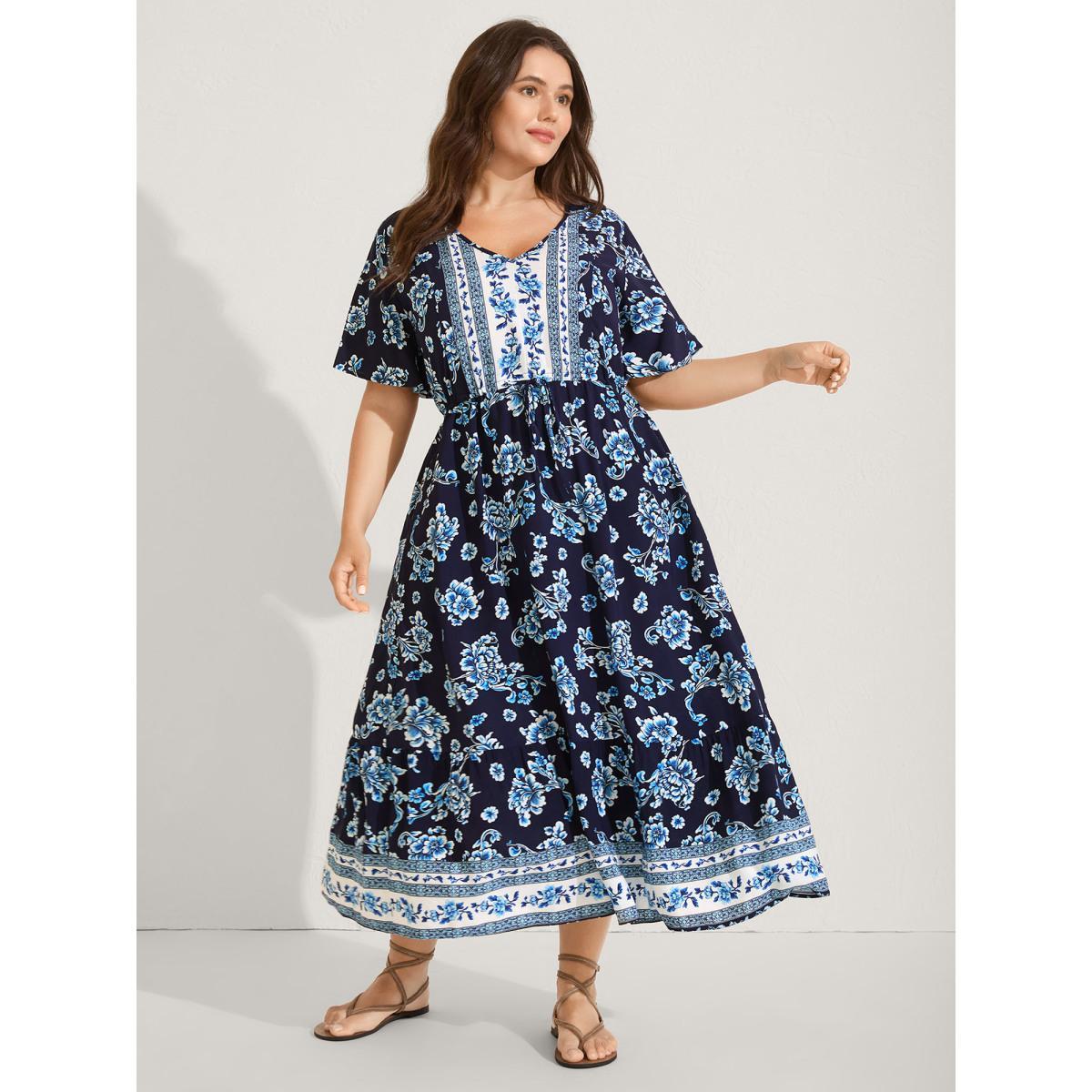 Plus Size Rayon Stretchy Waist Lace Midi Dress BlackFlower Women V-neck Short sleeve Curvy BloomChic 30/6X Product Image