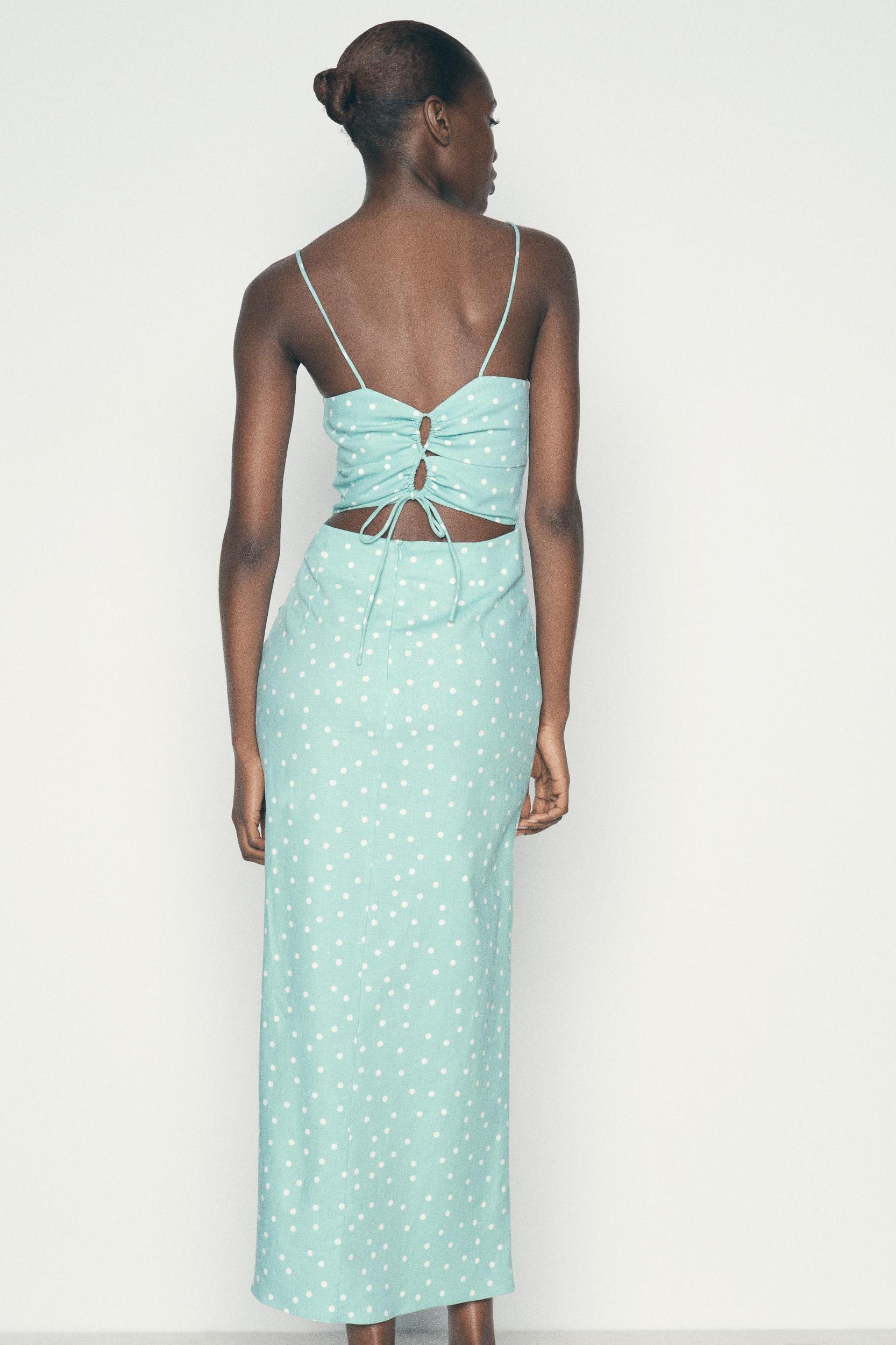 LINEN BLEND POLKA DOT MIDI DRESS Product Image