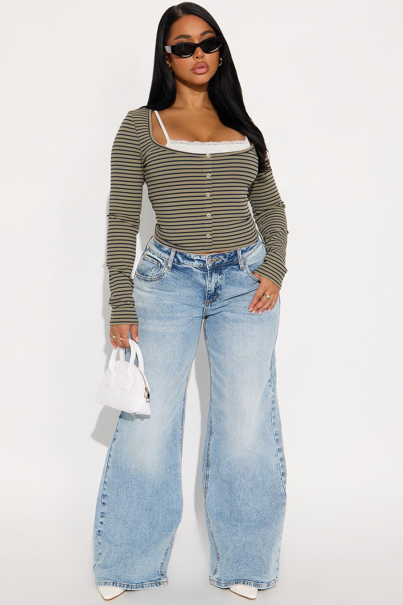 Channa Striped Ribbed Long Sleeve Top - Olive/combo Product Image
