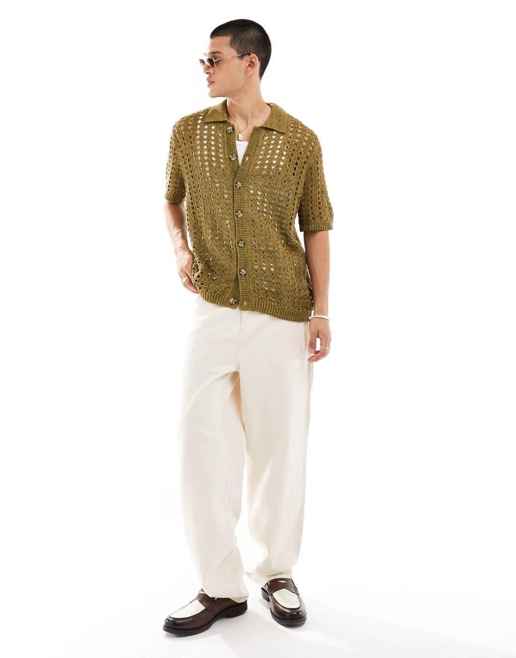 ASOS DESIGN relaxed knit pointelle button up polo in olive Product Image