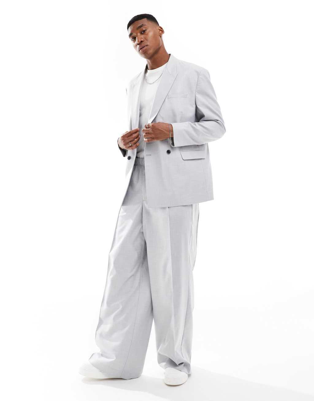 ASOS DESIGN double breasted relaxed suit jacket in light gray crosshatch Product Image