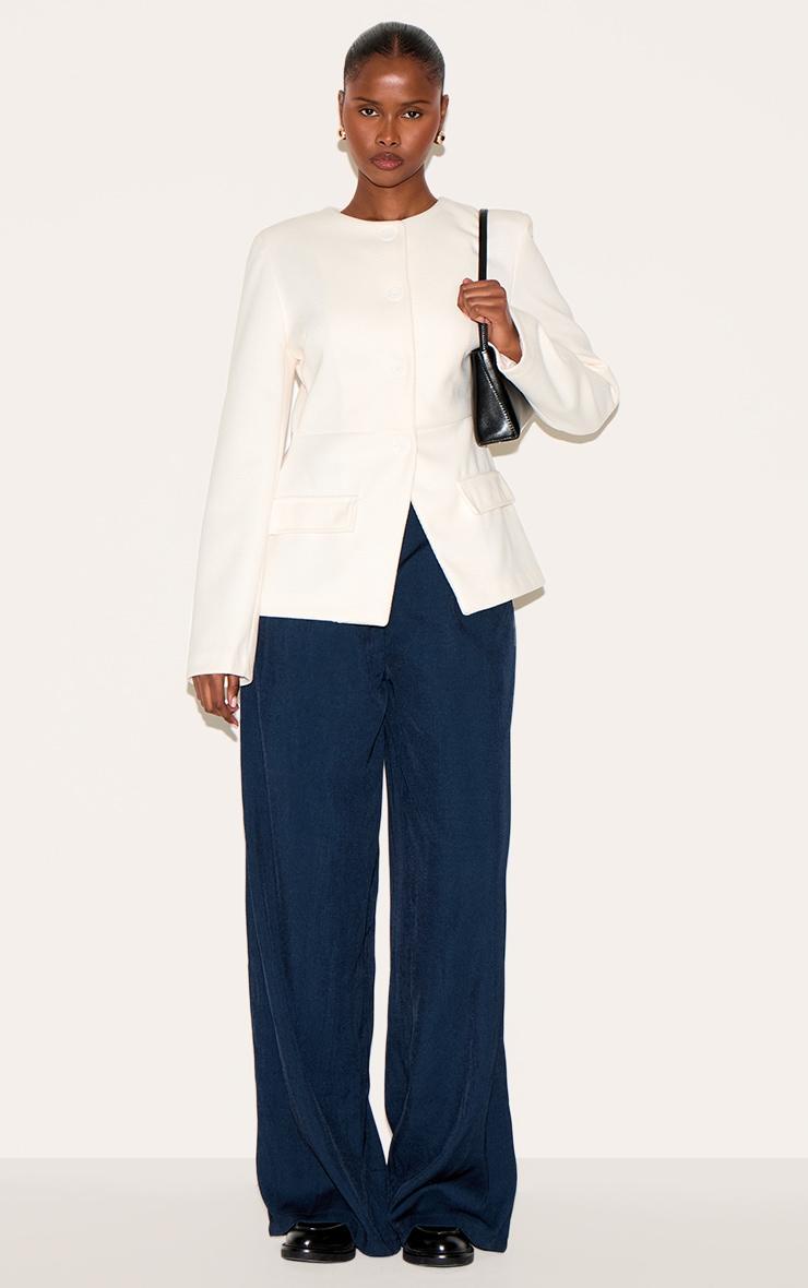 Cream Button Up Longline Collarless Blazer Product Image