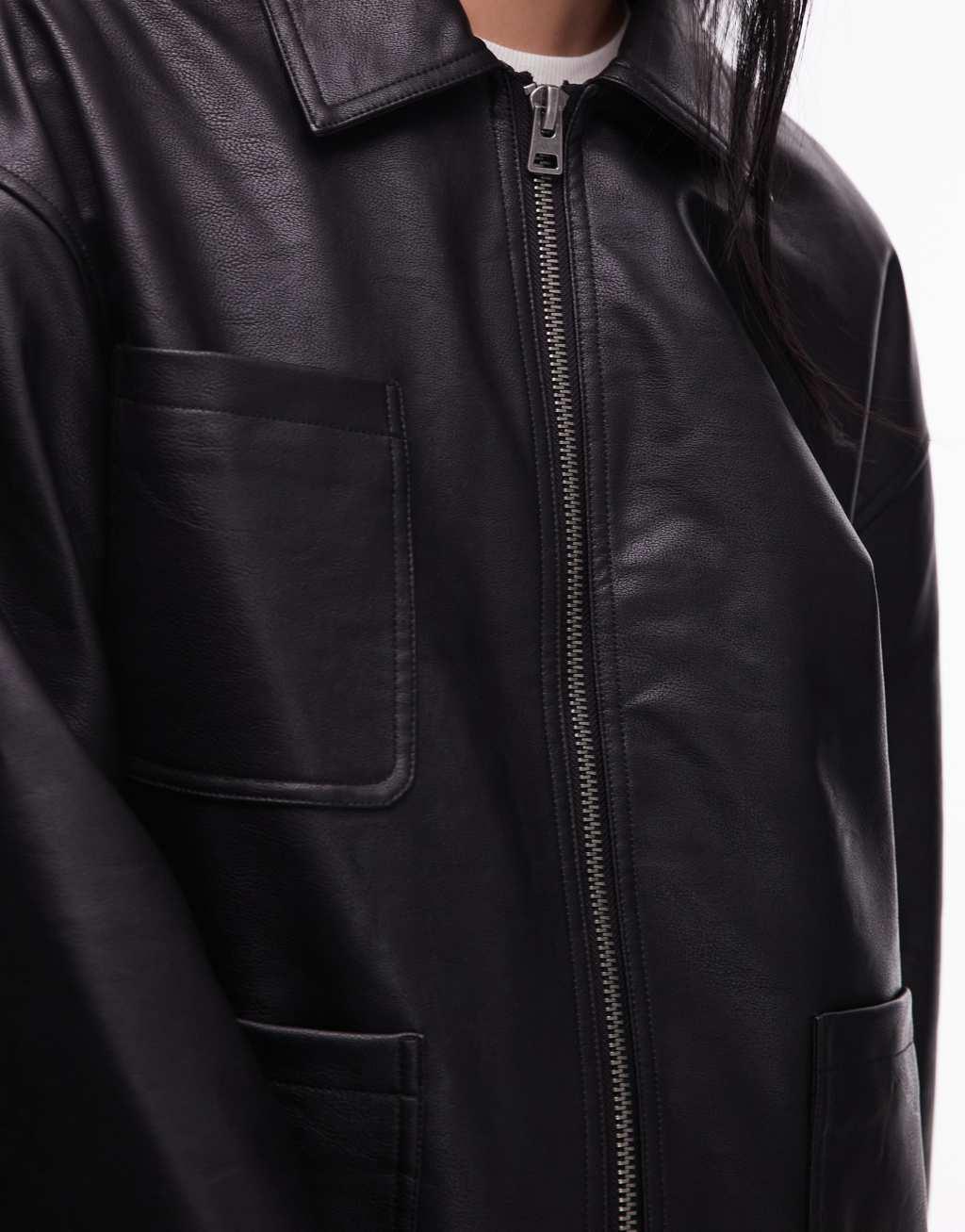 Topshop faux leather zip up 80s jacket with patch pockets in black Product Image
