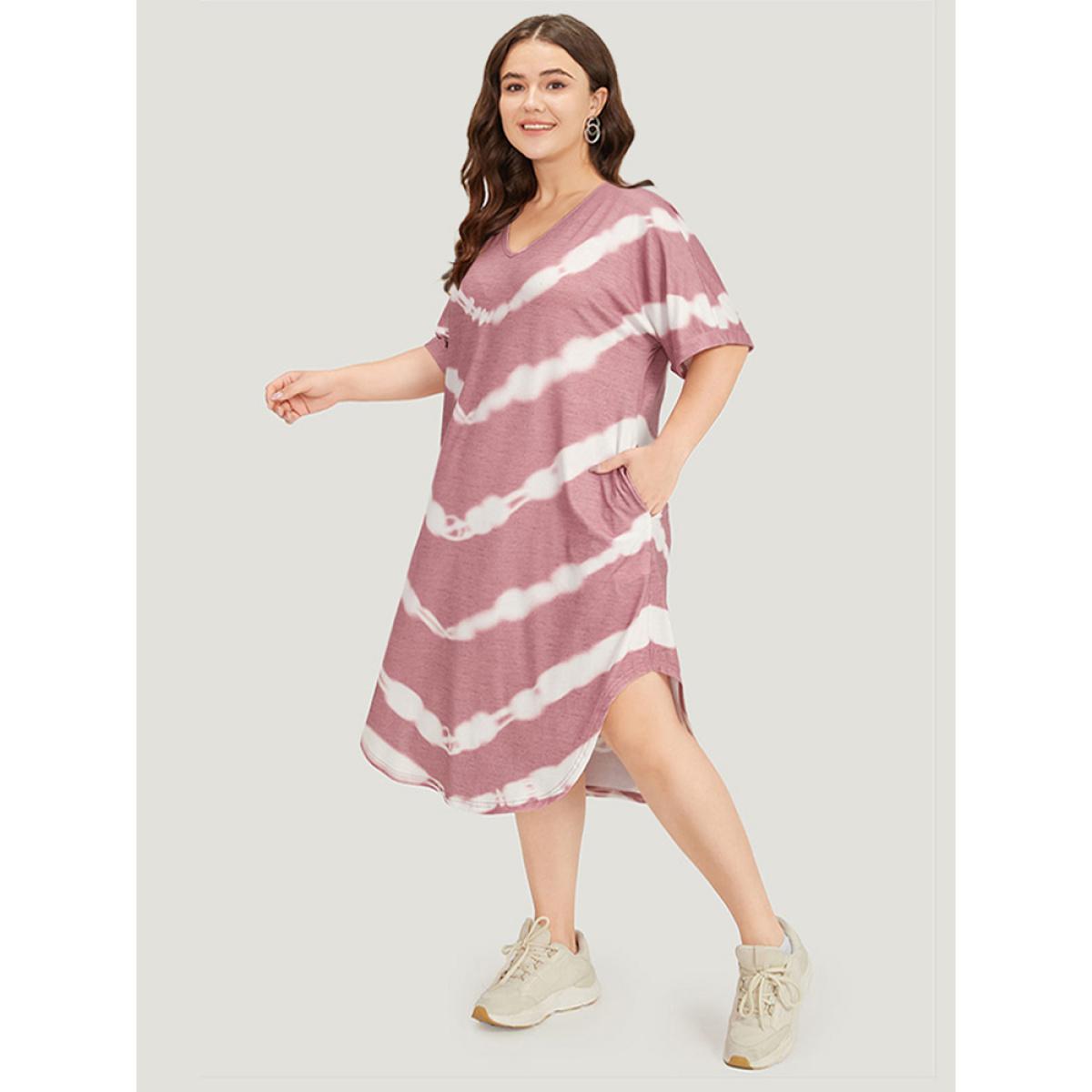 Plus Size Tie Dye Striped Two Tone V Neck Pocket Dress DustyPink Women Casual Tie Dye V-neck Short sleeve Curvy Midi Dress BloomChic 30/6X Product Image