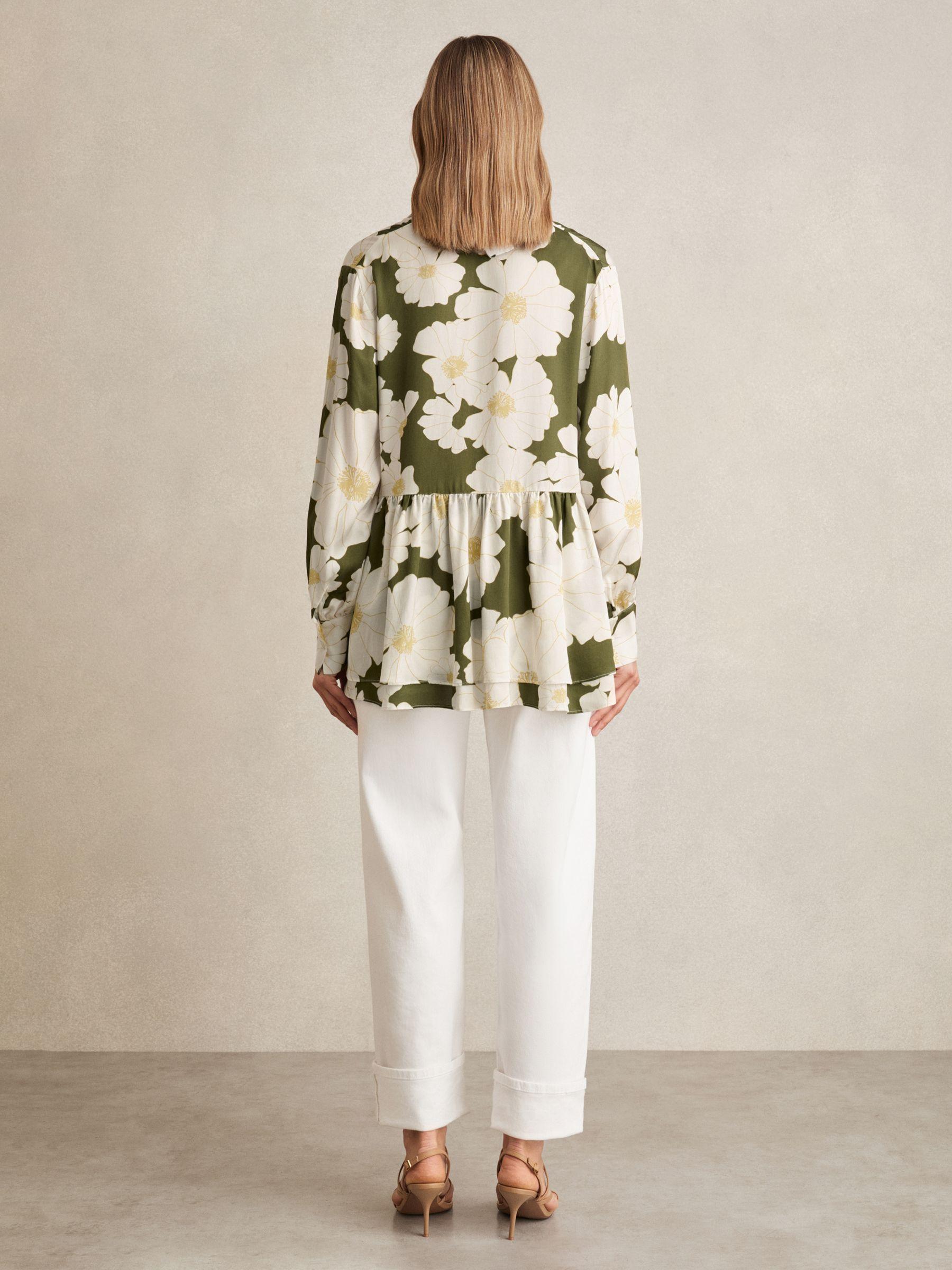 Floral Tie-Neck Swing Blouse in Ivory/Green Product Image