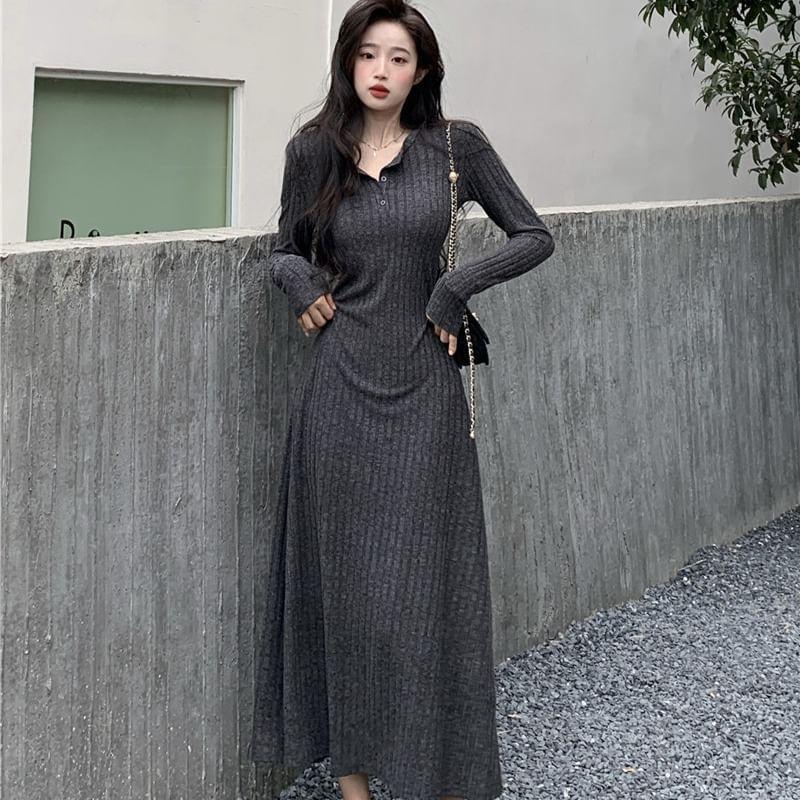 Long Sleeve Henley Ribbed Maxi A-Line Dress Product Image